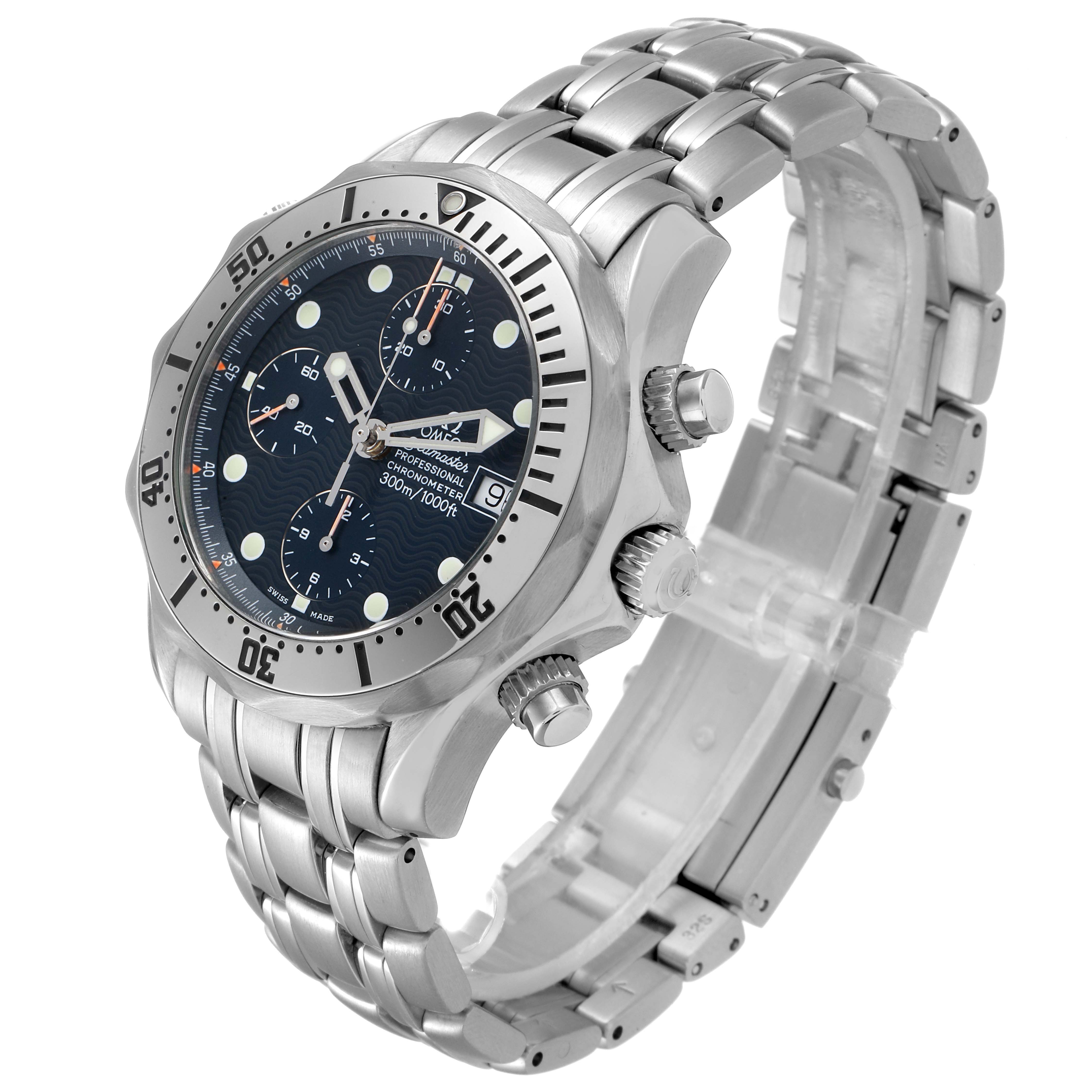 The Omega Seamaster 2598.80.00 Men
s Stainless Steel Blue Dial 2598.80.00 Men
s Stainless Steel Blue Dial watch is shown at an angled view, highlighting its face, bezel, crown, pushers, and metal bracelet.