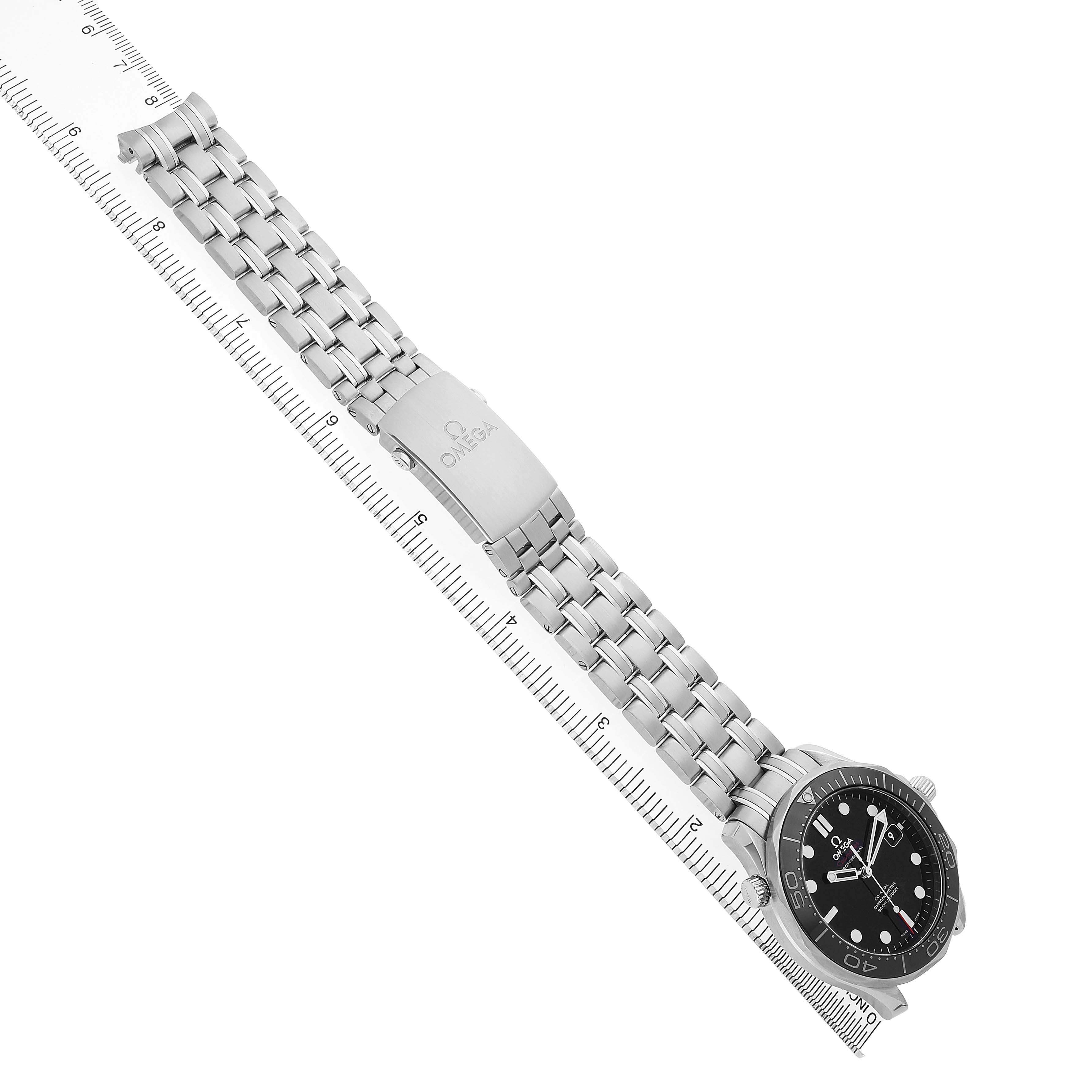 The Omega Seamaster 212.30.41.20.01.003 Men's Stainless Steel Black Dial watch is shown at an angled top view, displaying the face, bezel, and full metal bracelet.