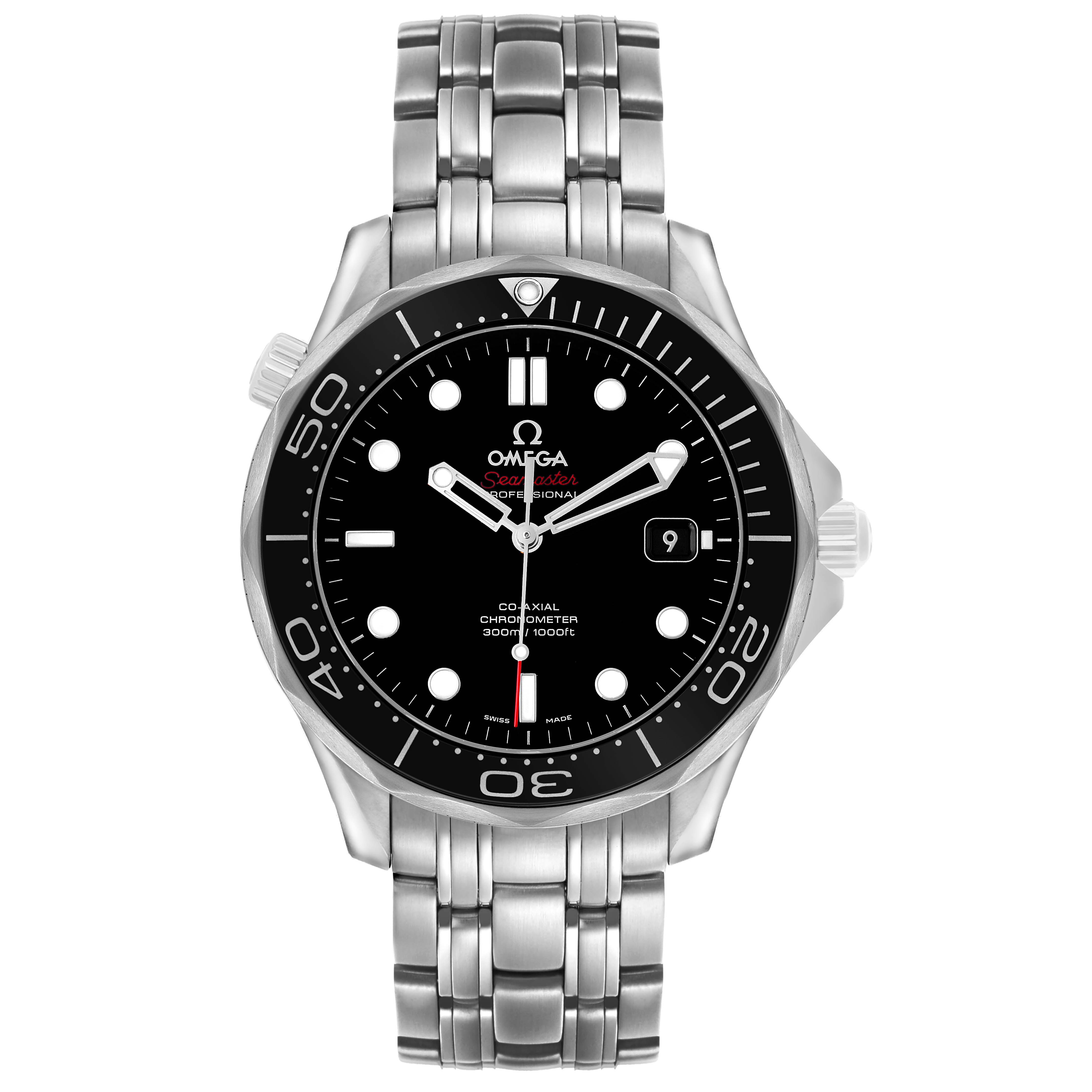 The Omega Seamaster 212.30.41.20.01.003 Men's Stainless Steel Black Dial watch is shown from a front view, highlighting its face, bezel, crown, and bracelet.