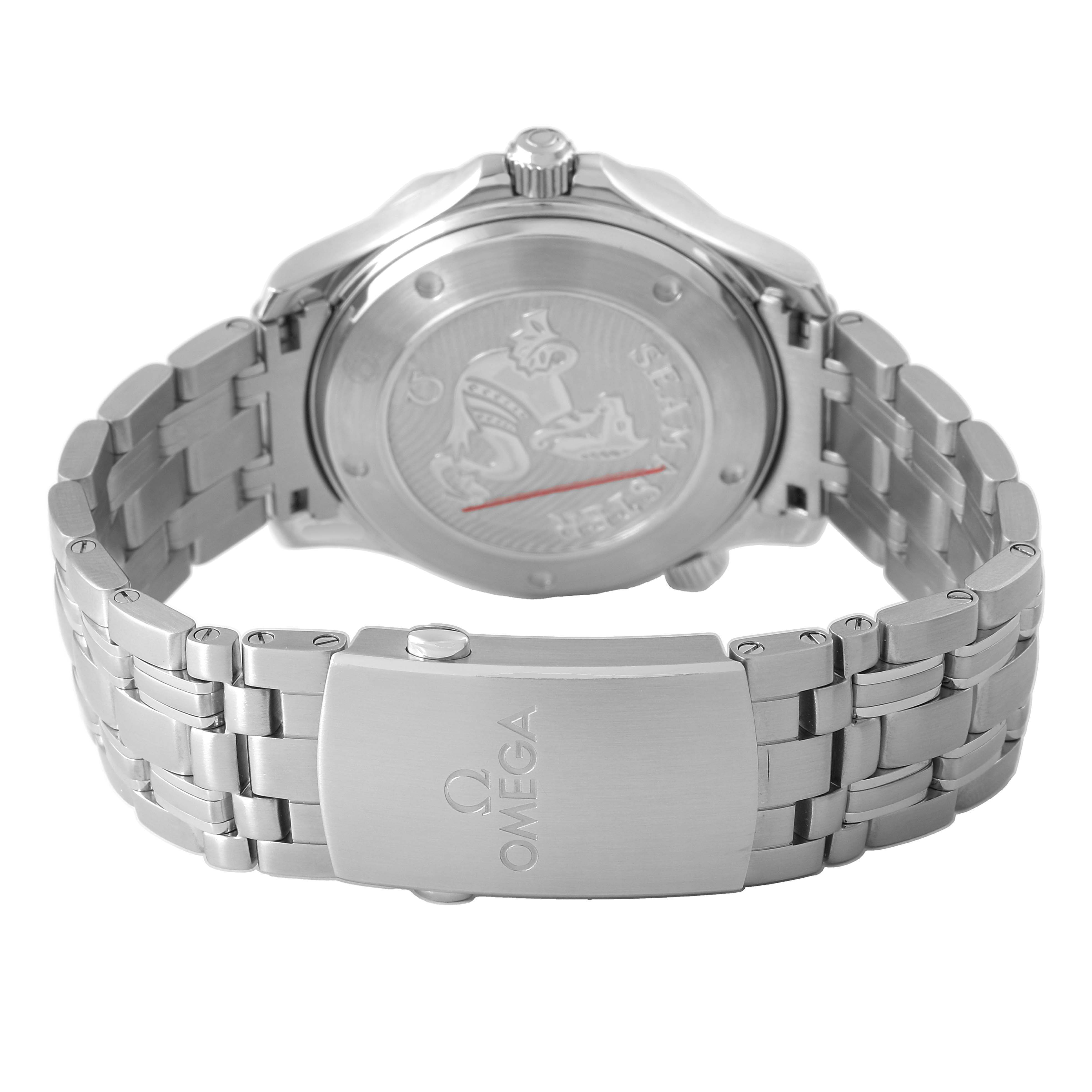 The Omega Seamaster 212.30.41.20.01.003 Men's Stainless Steel Black Dial watch is shown from the back, highlighting the case back and partial bracelet with a visible clasp.