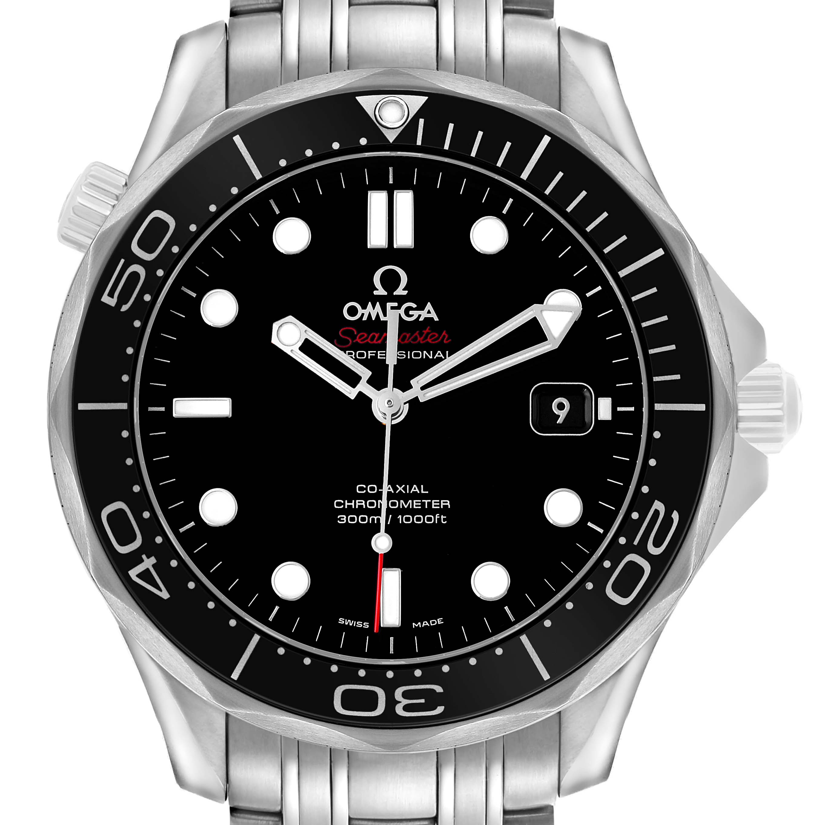 The image shows a front view of the Omega Seamaster 212.30.41.20.01.003 Men's Stainless Steel Black Dial watch, highlighting its bezel, dial, and bracelet.