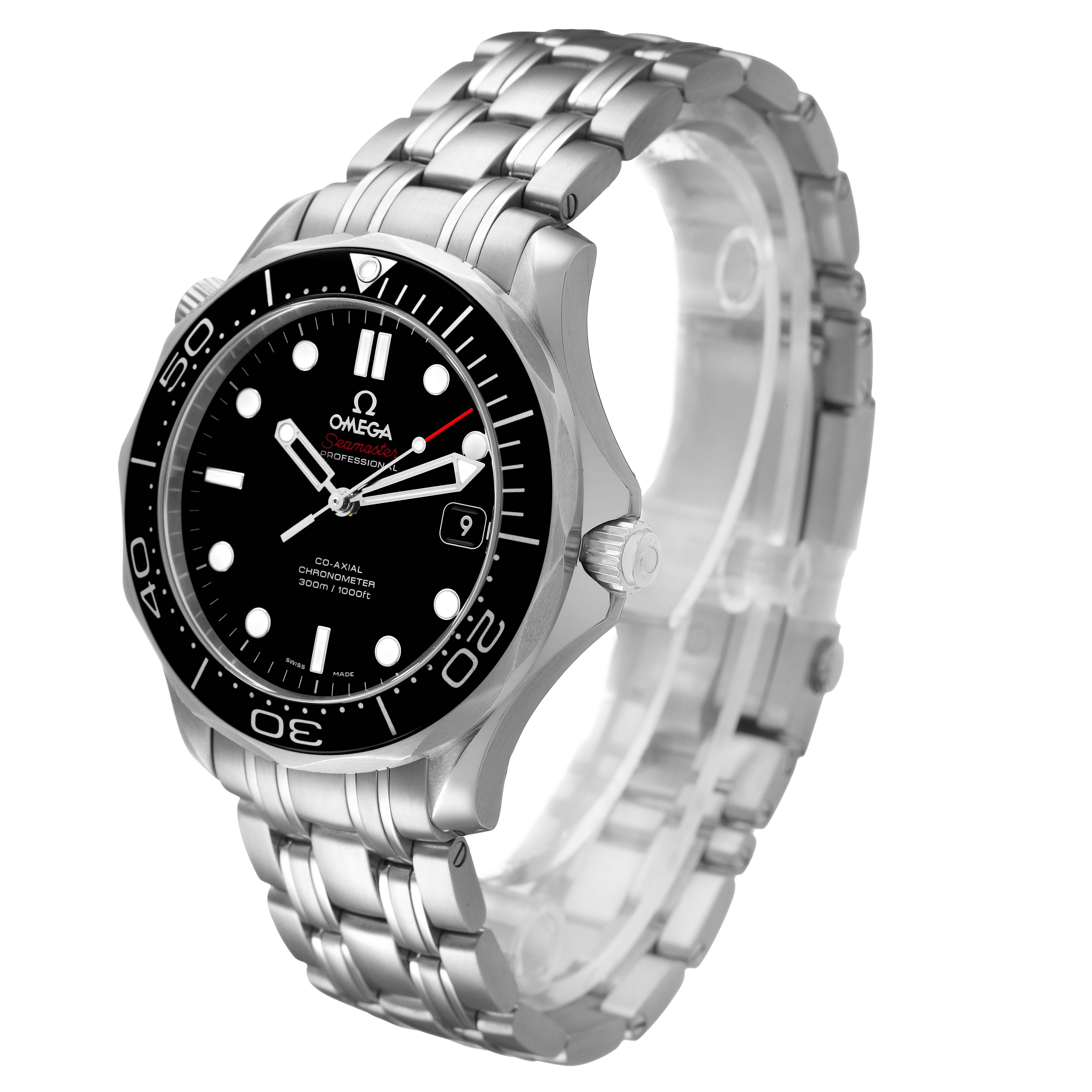 The Omega Seamaster 212.30.41.20.01.003 Men's Stainless Steel Black Dial watch is shown at an angled side view, highlighting the bezel, dial, and metal bracelet.
