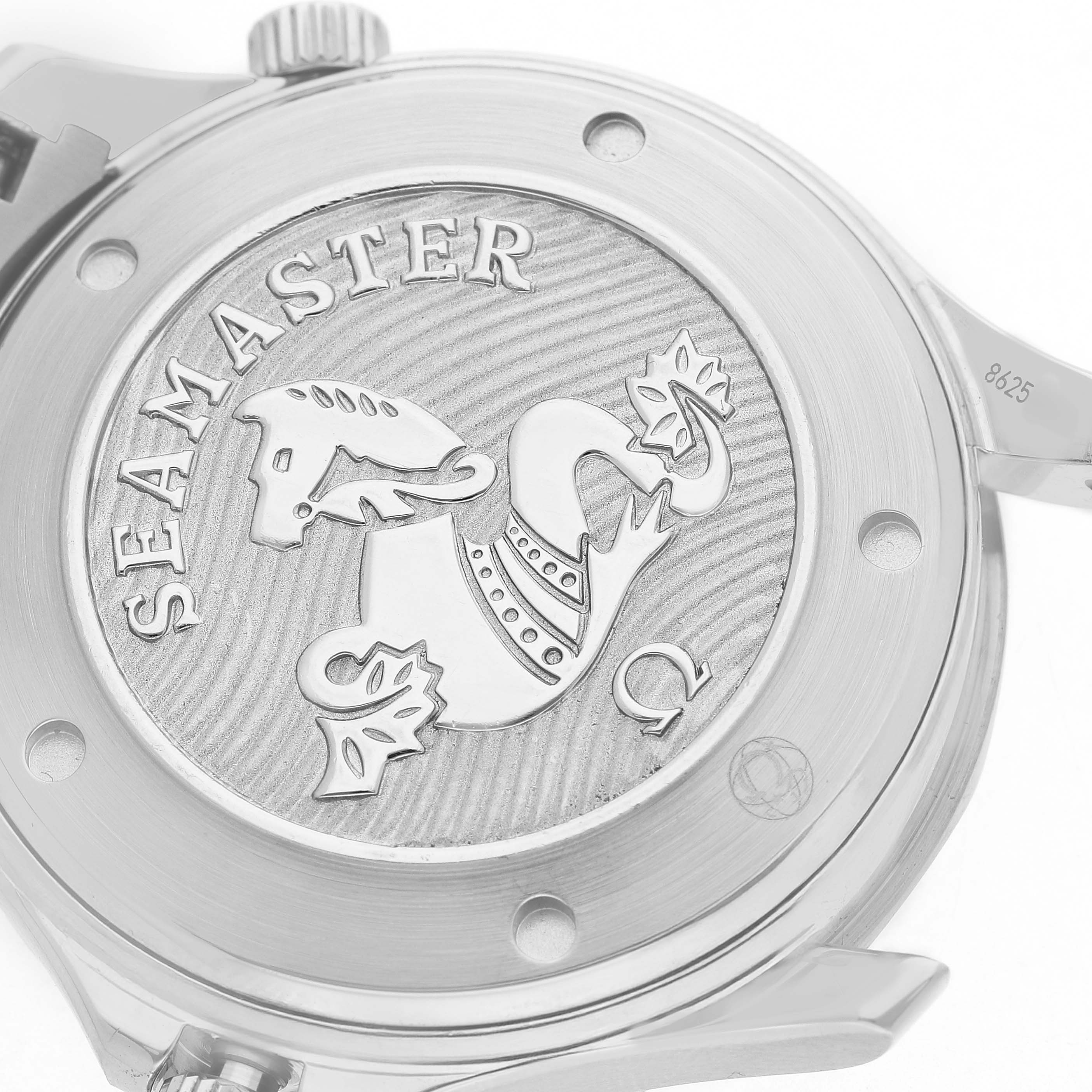 The image shows the back case of the Omega Seamaster 212.30.41.20.01.003 Men's Stainless Steel Black Dial watch, featuring a seahorse emblem and branding.