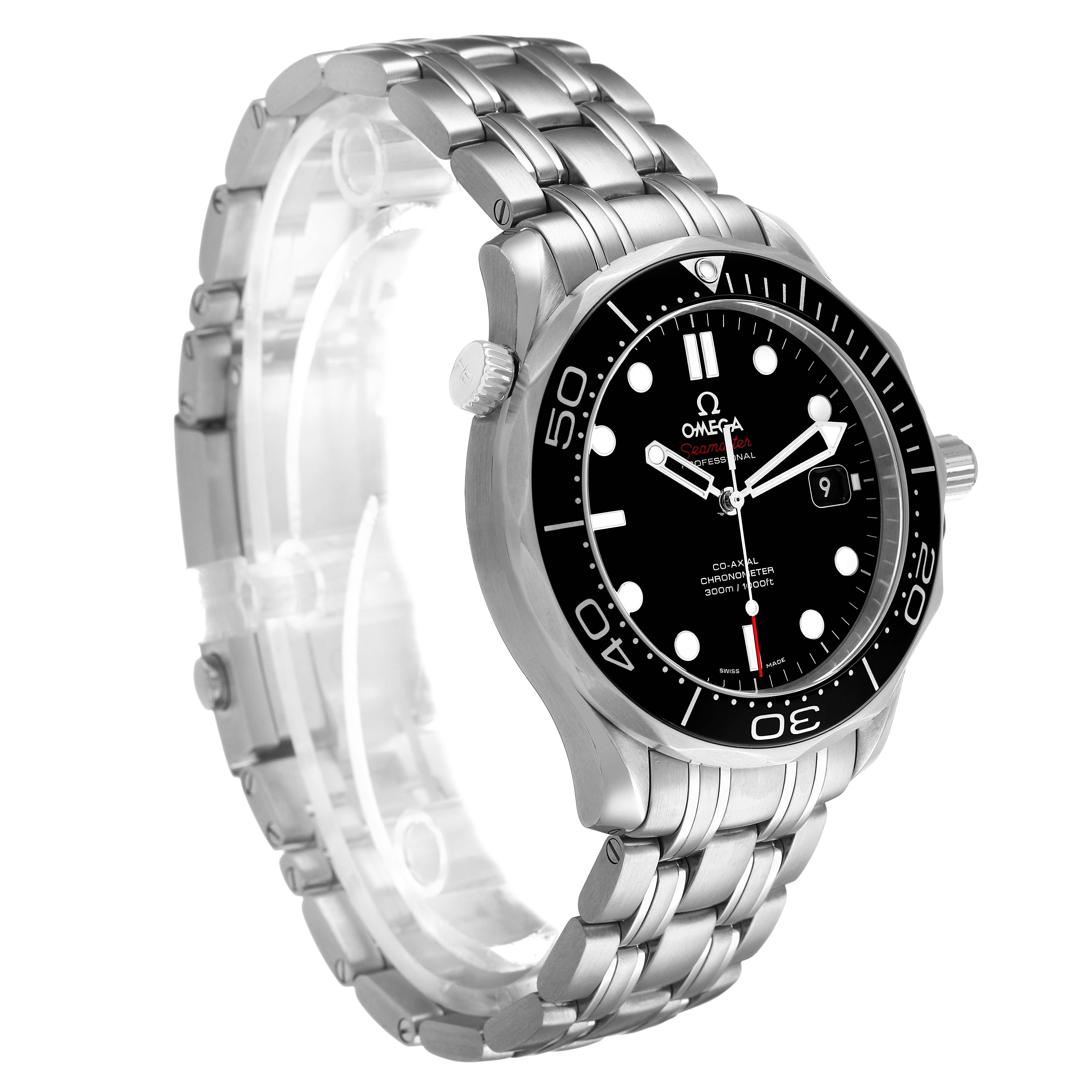 The Omega Seamaster 212.30.41.20.01.003 Men's Stainless Steel Black Dial watch is shown from a three-quarter view, highlighting the dial, bezel, crown, and metal bracelet.