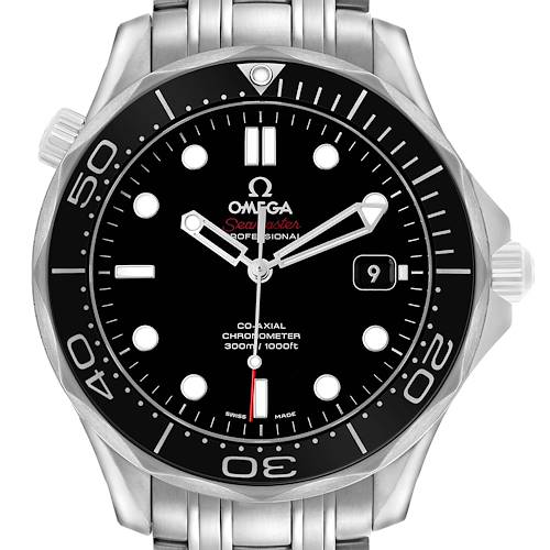 The Omega Seamaster 212.30.41.20.01.003 Men's Stainless Steel Black Dial watch is shown from the front, highlighting the bezel, dial, hands, and stainless steel bracelet.