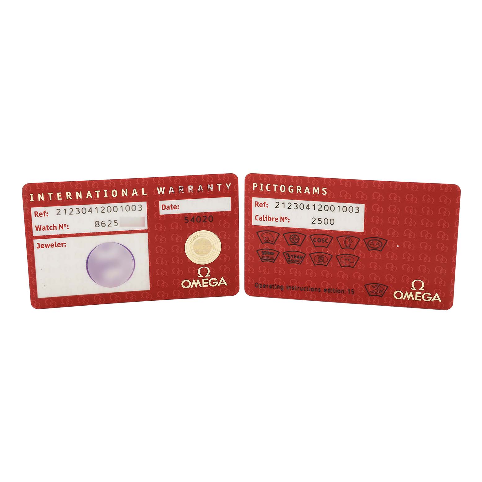 The image shows two red cards for an Omega Seamaster 212.30.41.20.01.003 Men's Stainless Steel Black Dial: an International Warranty card and a Pictograms card.