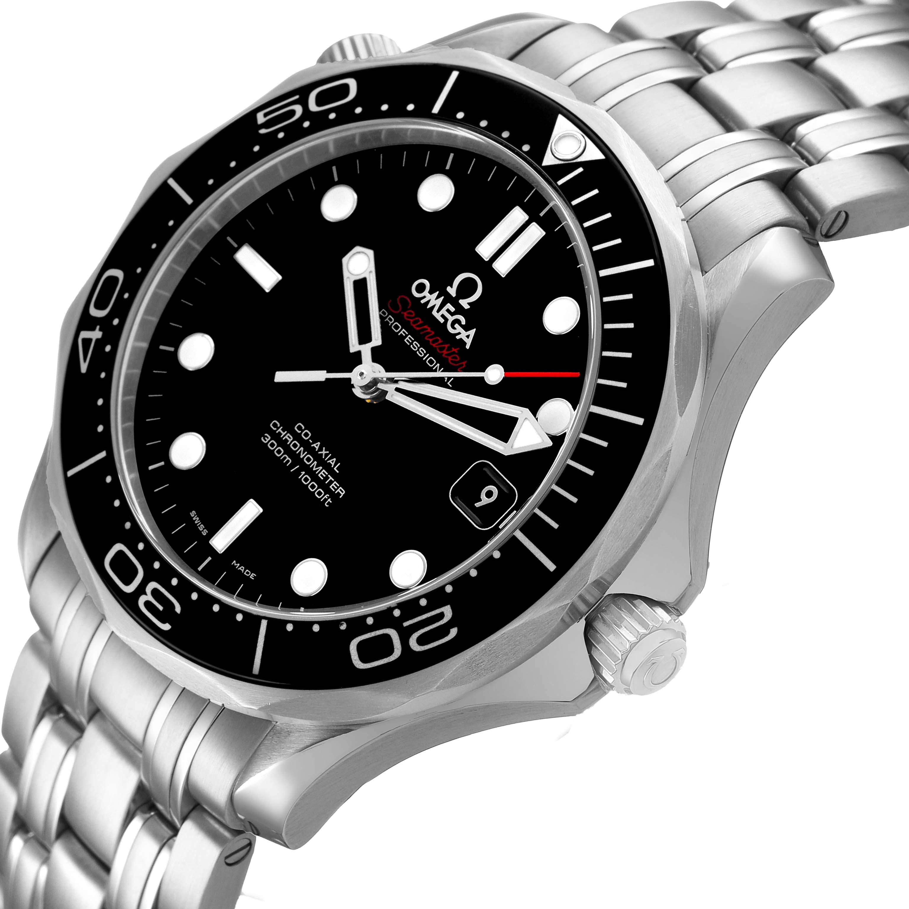 The Omega Seamaster 212.30.41.20.01.003 Men's Stainless Steel Black Dial watch is shown at an angled view, highlighting the face, bezel, and bracelet.