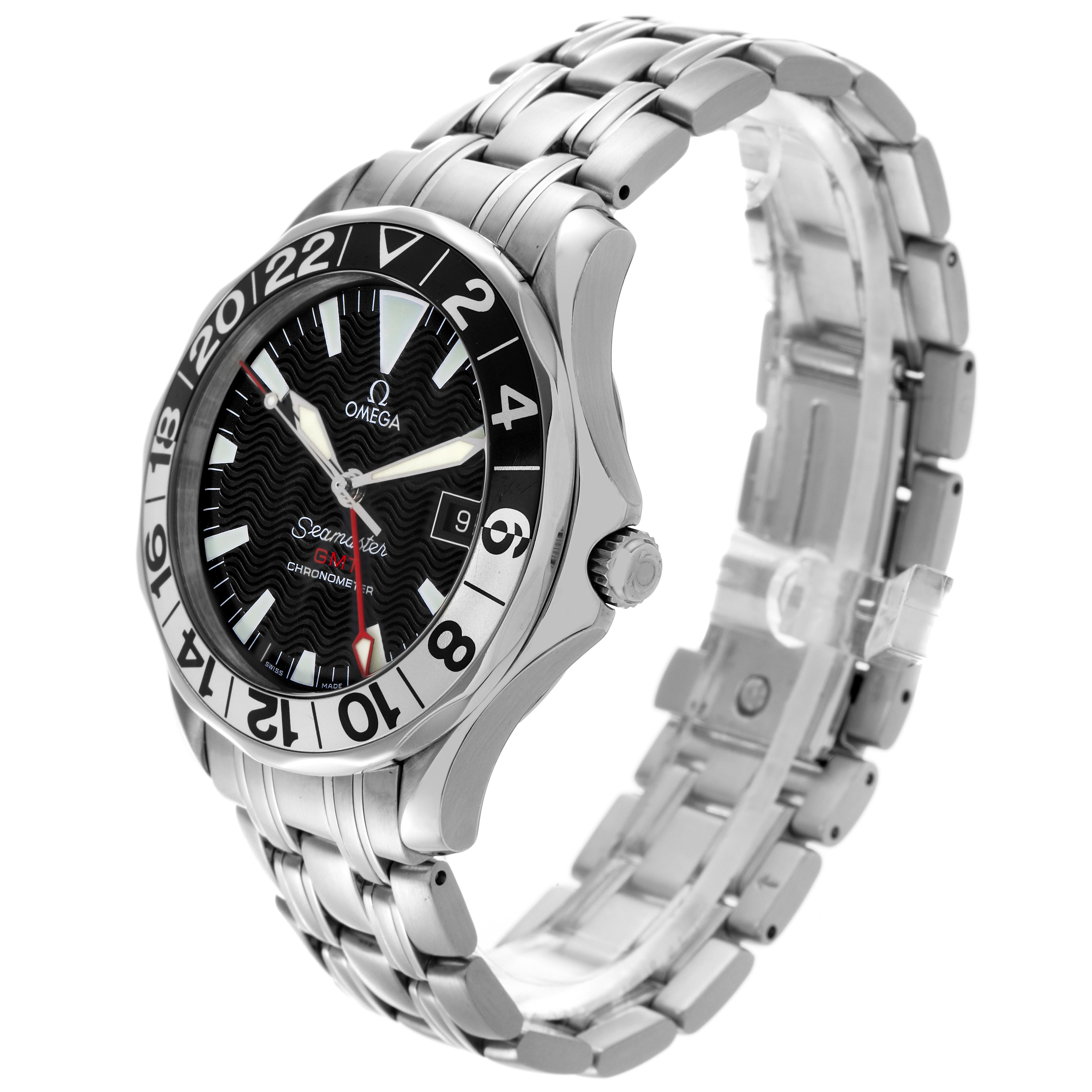 The Omega Seamaster 2234.50.00 Men
s Stainless Steel Black Dial 2234.50.00 Men
s Stainless Steel Black Dial watch is shown at a three-quarter angle, highlighting the face, bezel, crown, and metal bracelet.