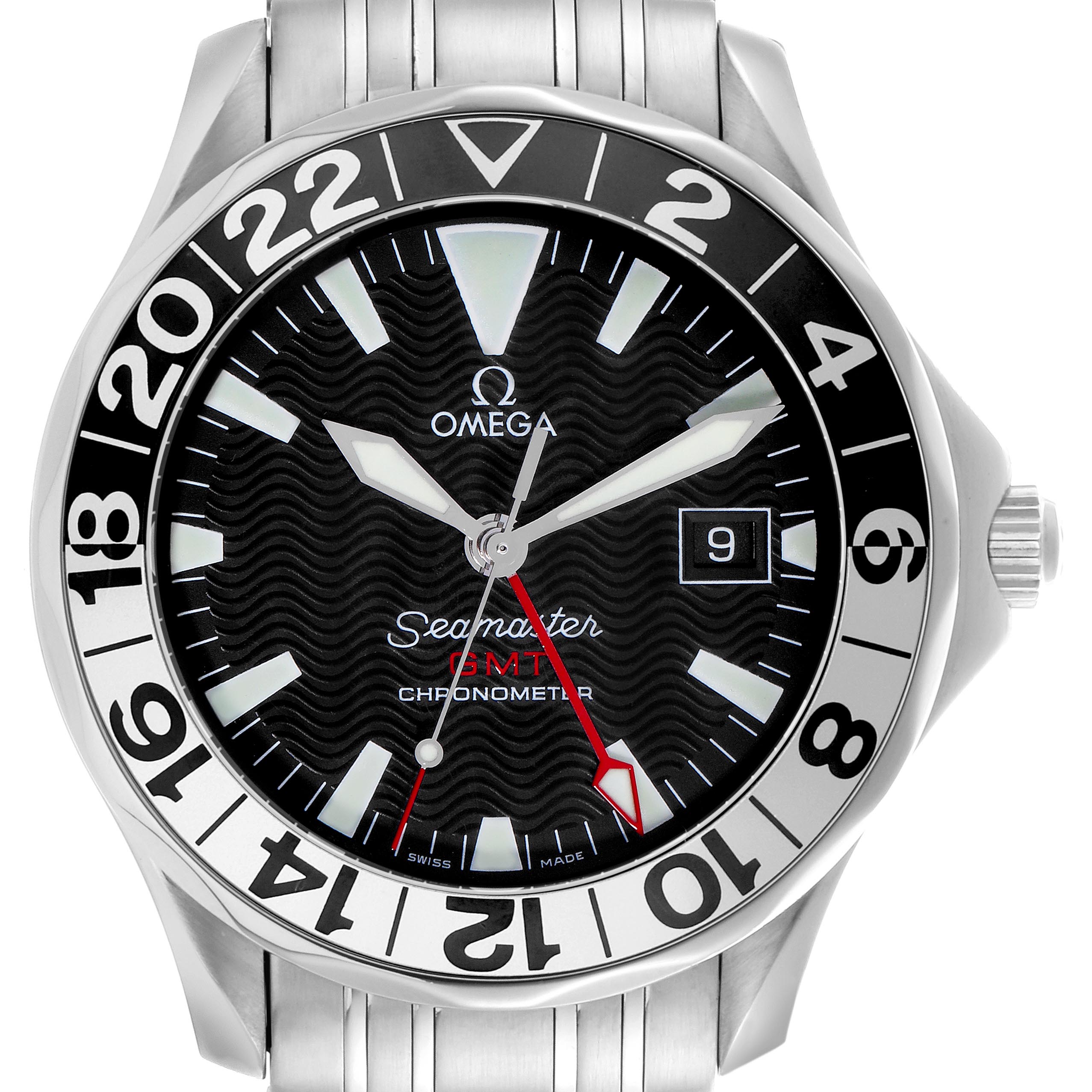 The Omega Seamaster 2234.50.00 Men
s Stainless Steel Black Dial 2234.50.00 Men
s Stainless Steel Black Dial watch is shown from a front angle, displaying the dial, bezel, hands, and bracelet.