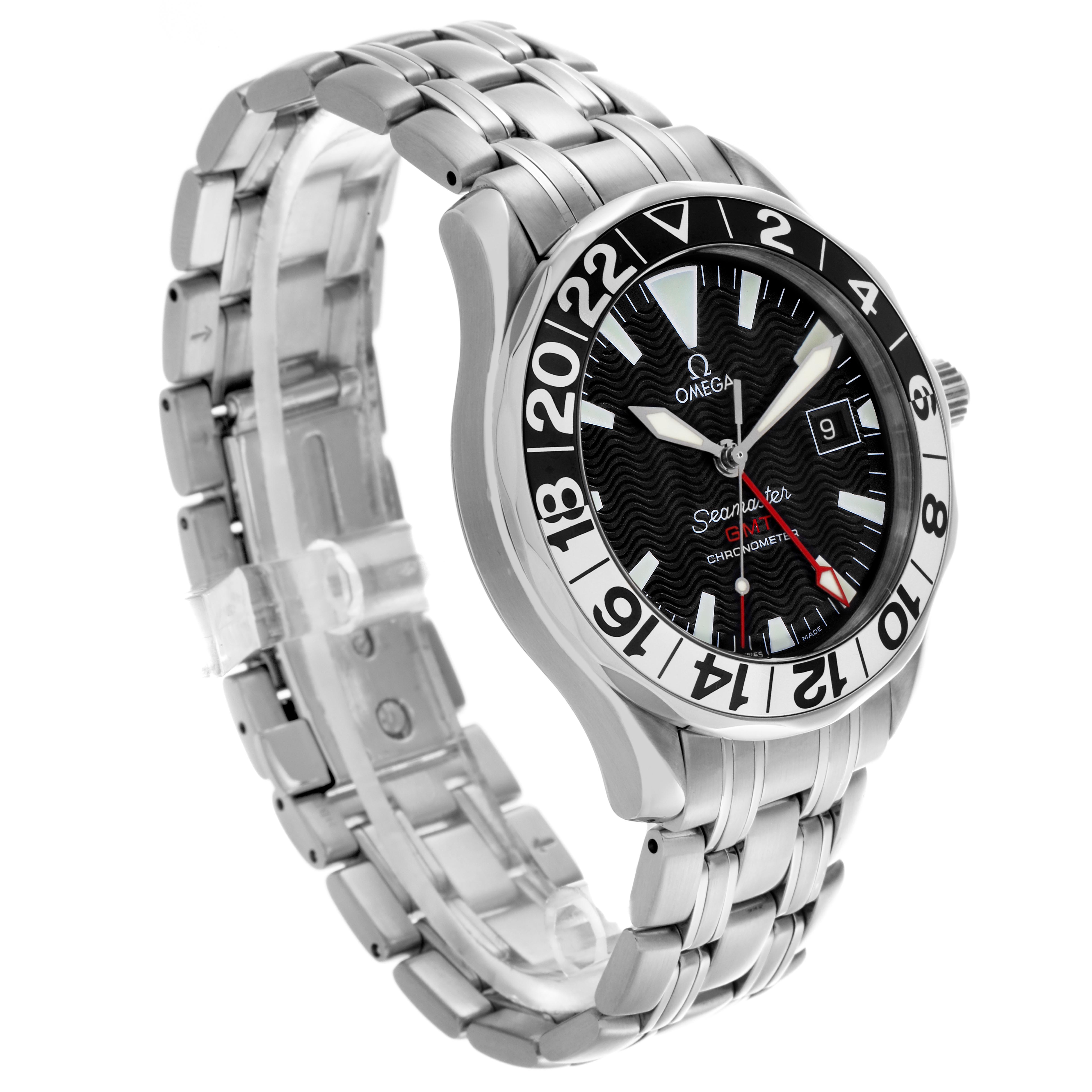 The Omega Seamaster 2234.50.00 Men
s Stainless Steel Black Dial 2234.50.00 Men
s Stainless Steel Black Dial watch is shown from a three-quarter angle, displaying the dial, bezel, and metal bracelet.