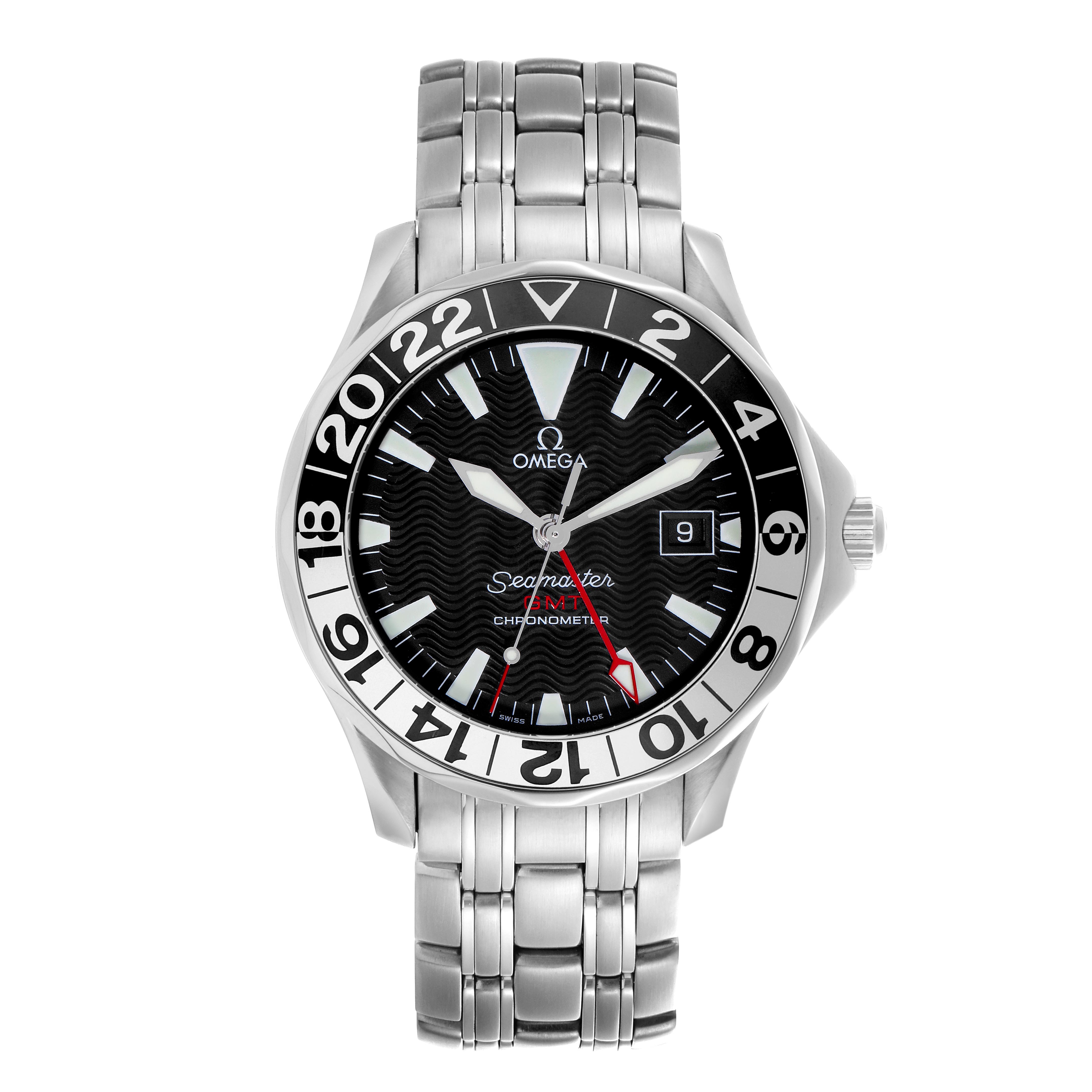 The Omega Seamaster 2234.50.00 Men
s Stainless Steel Black Dial 2234.50.00 Men
s Stainless Steel Black Dial watch is shown from a front angle, highlighting the dial, bezel, and bracelet.