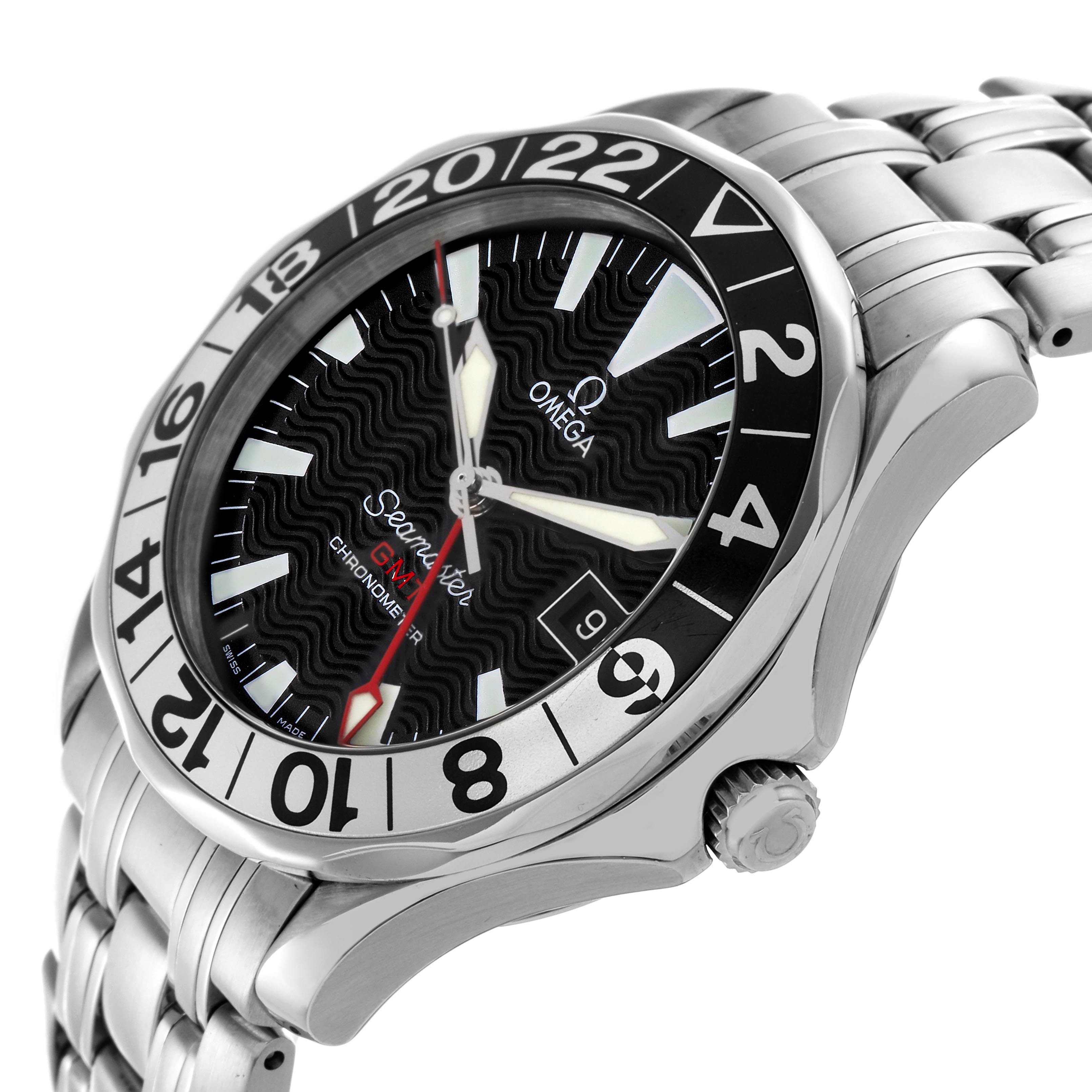 The Omega Seamaster 2234.50.00 Men
s Stainless Steel Black Dial 2234.50.00 Men
s Stainless Steel Black Dial is shown at an angled side view highlighting the bezel, dial, crown, and stainless steel bracelet.