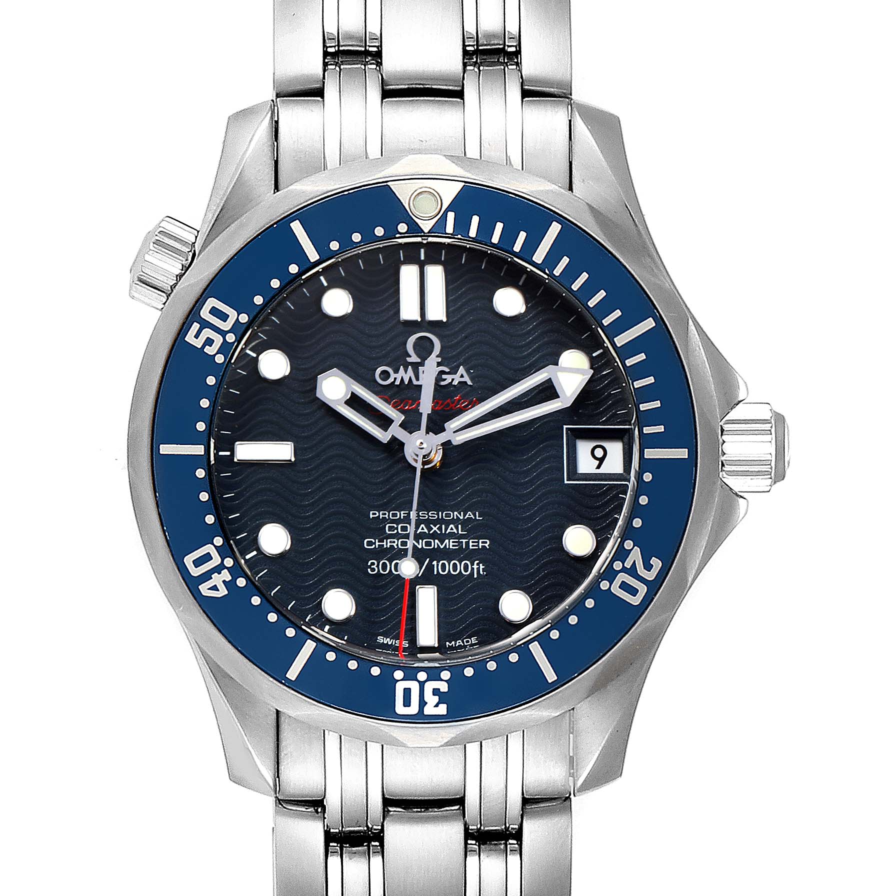 The image shows a front view of the Omega Seamaster 2222.80.00 Men
s Stainless Steel Blue Dial 2222.80.00 Men
s Stainless Steel Blue Dial watch, focusing on the dial, bezel, crown, and stainless steel bracelet.