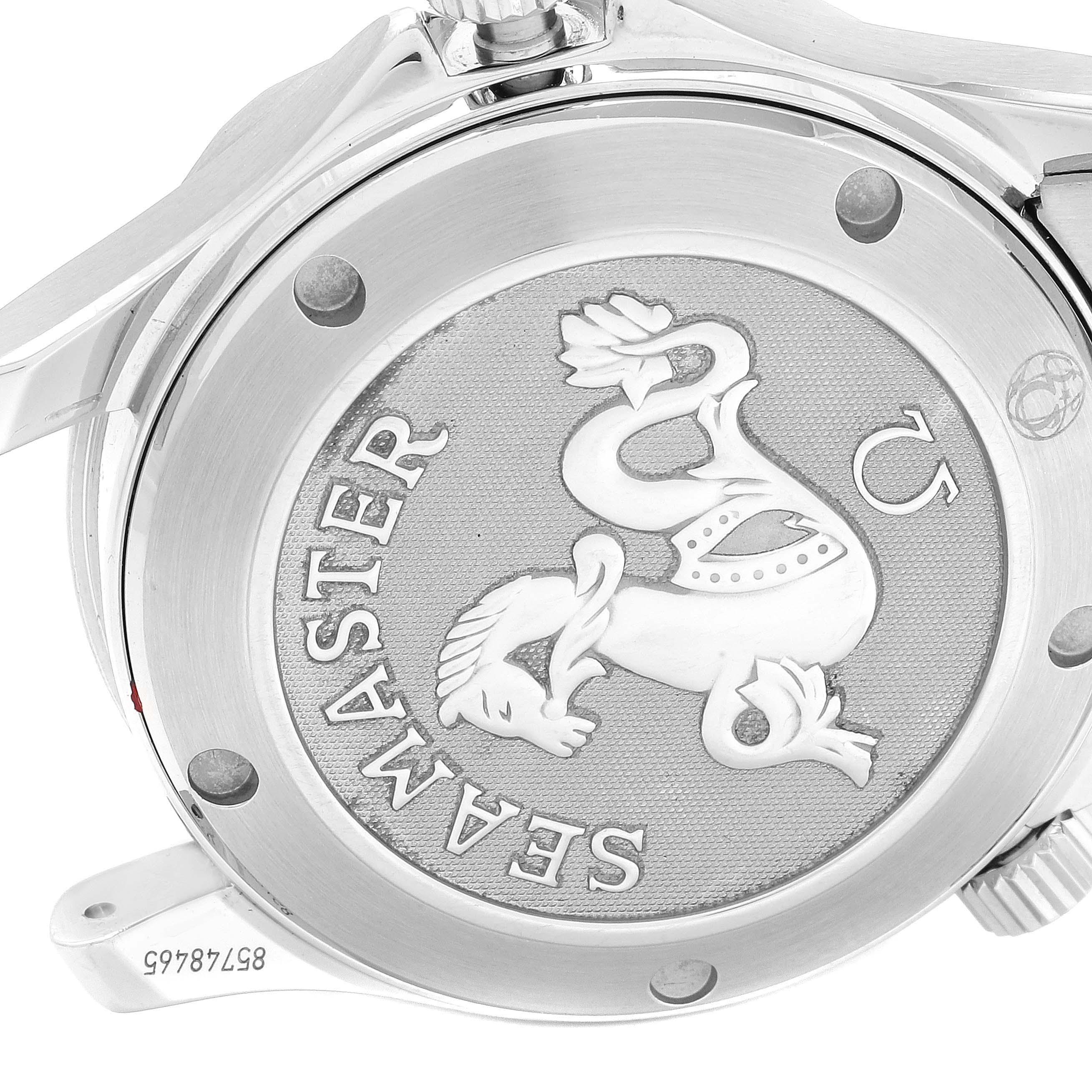 The image shows the back casing of the Omega Seamaster 2222.80.00 Men
s Stainless Steel Blue Dial 2222.80.00 Men
s Stainless Steel Blue Dial watch, displaying the engraved logo and the word "SEAMASTER."