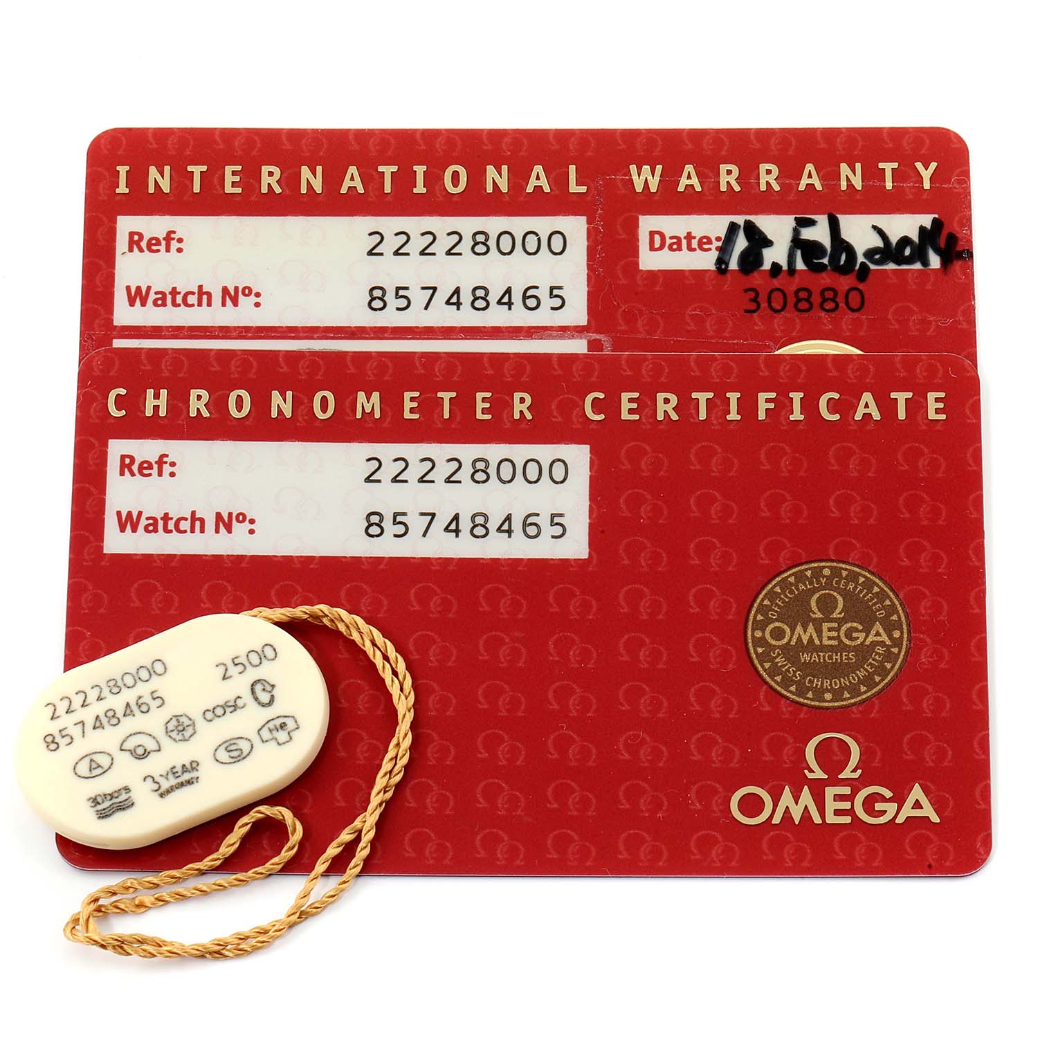 The image shows the international warranty card, chronometer certificate, and a tag for the Omega Seamaster 2222.80.00 Men
s Stainless Steel Blue Dial 2222.80.00 Men
s Stainless Steel Blue Dial model.