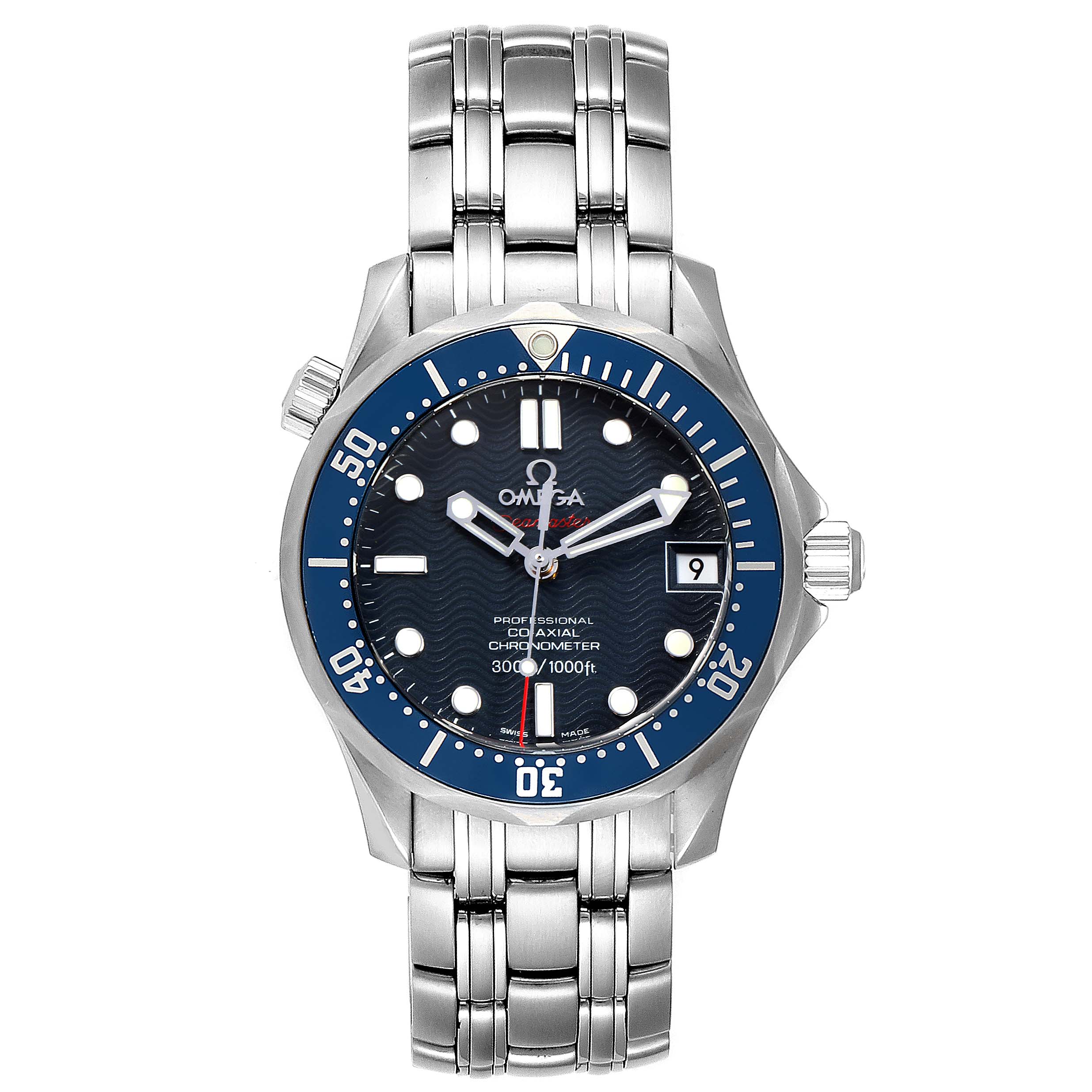 The image shows a front angle of the Omega Seamaster 2222.80.00 Men
s Stainless Steel Blue Dial 2222.80.00 Men
s Stainless Steel Blue Dial watch featuring the dial, bezel, case, and bracelet.