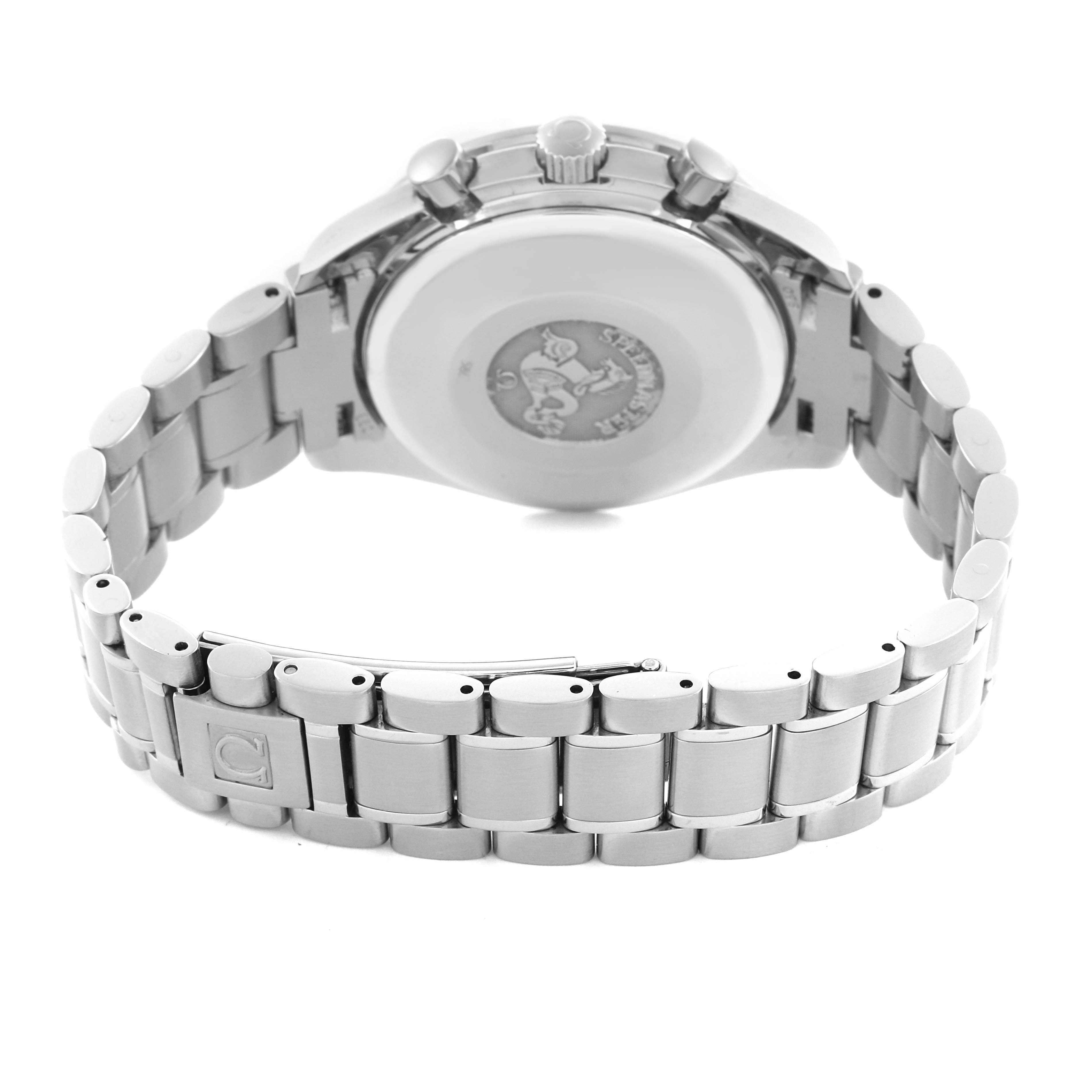 The Omega Speedmaster 3520.50.00 Men's Stainless Steel Black Dial 3520.50.00 Men's Stainless Steel Black Dial watch is shown from the back, highlighting the case back and metal bracelet.