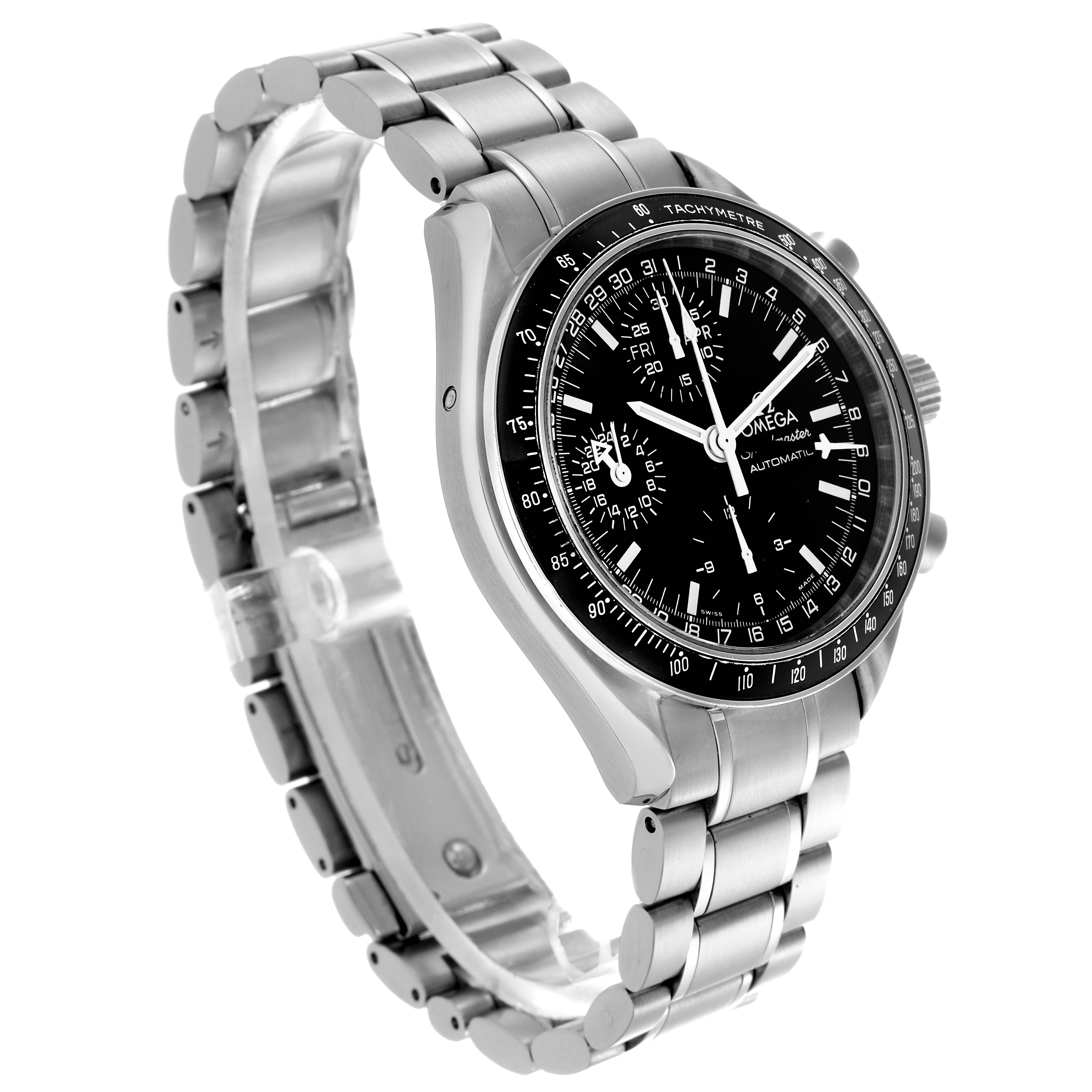 The Omega Speedmaster 3520.50.00 Men's Stainless Steel Black Dial 3520.50.00 Men's Stainless Steel Black Dial watch is shown at an angled side view, highlighting its face, bezel, and metal bracelet.
