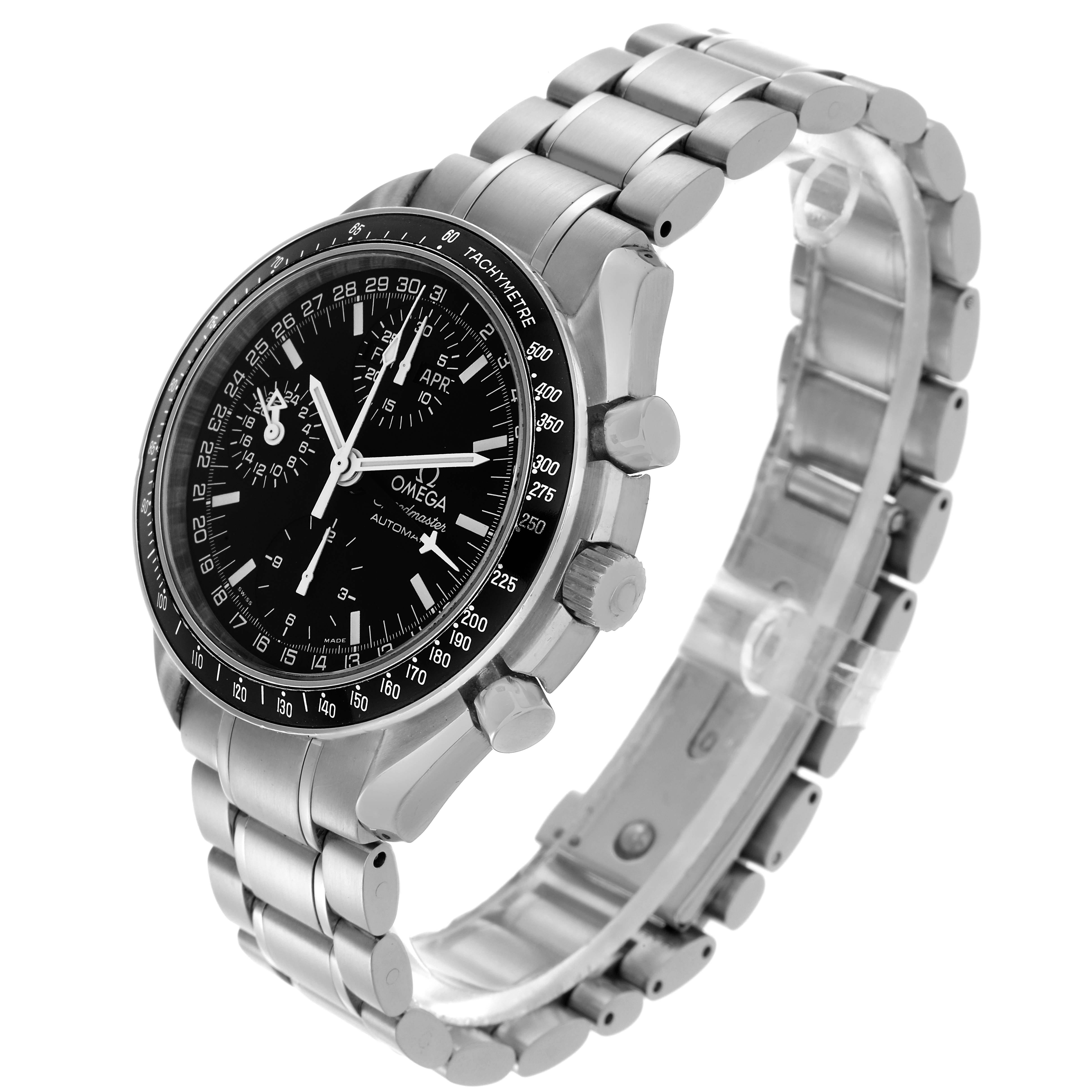 The Omega Speedmaster 3520.50.00 Men's Stainless Steel Black Dial 3520.50.00 Men's Stainless Steel Black Dial watch is shown at an angled side view, displaying the face, crown, pushers, and bracelet.