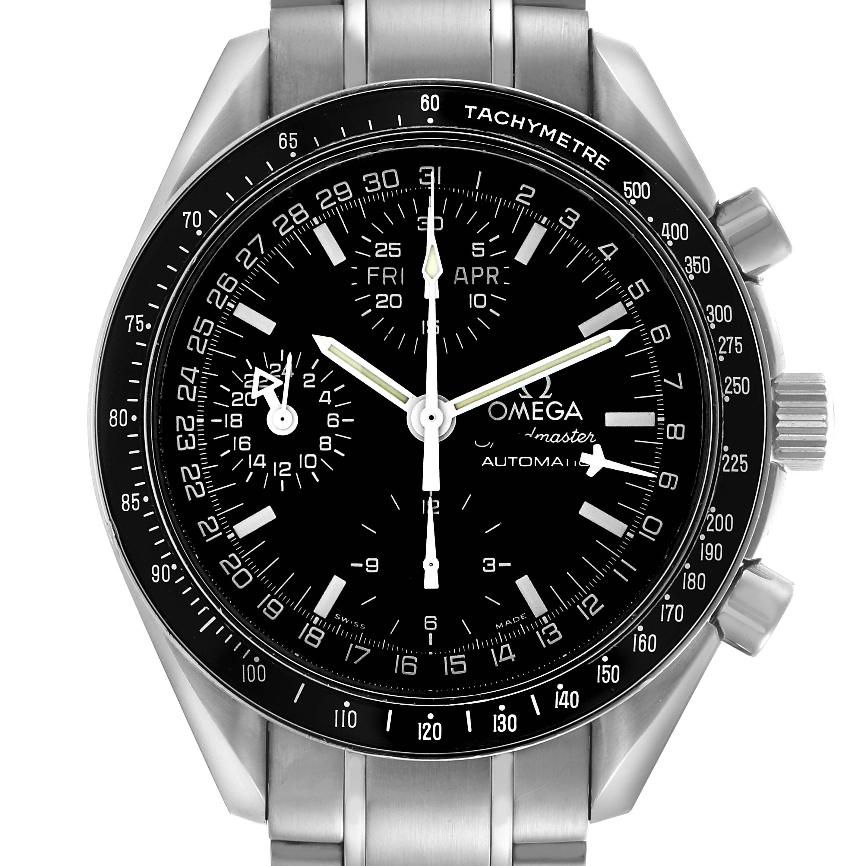 The Omega Speedmaster 3520.50.00 Men's Stainless Steel Black Dial 3520.50.00 Men's Stainless Steel Black Dial watch is shown from a front angle, highlighting its dial, bezel, and stainless steel bracelet.