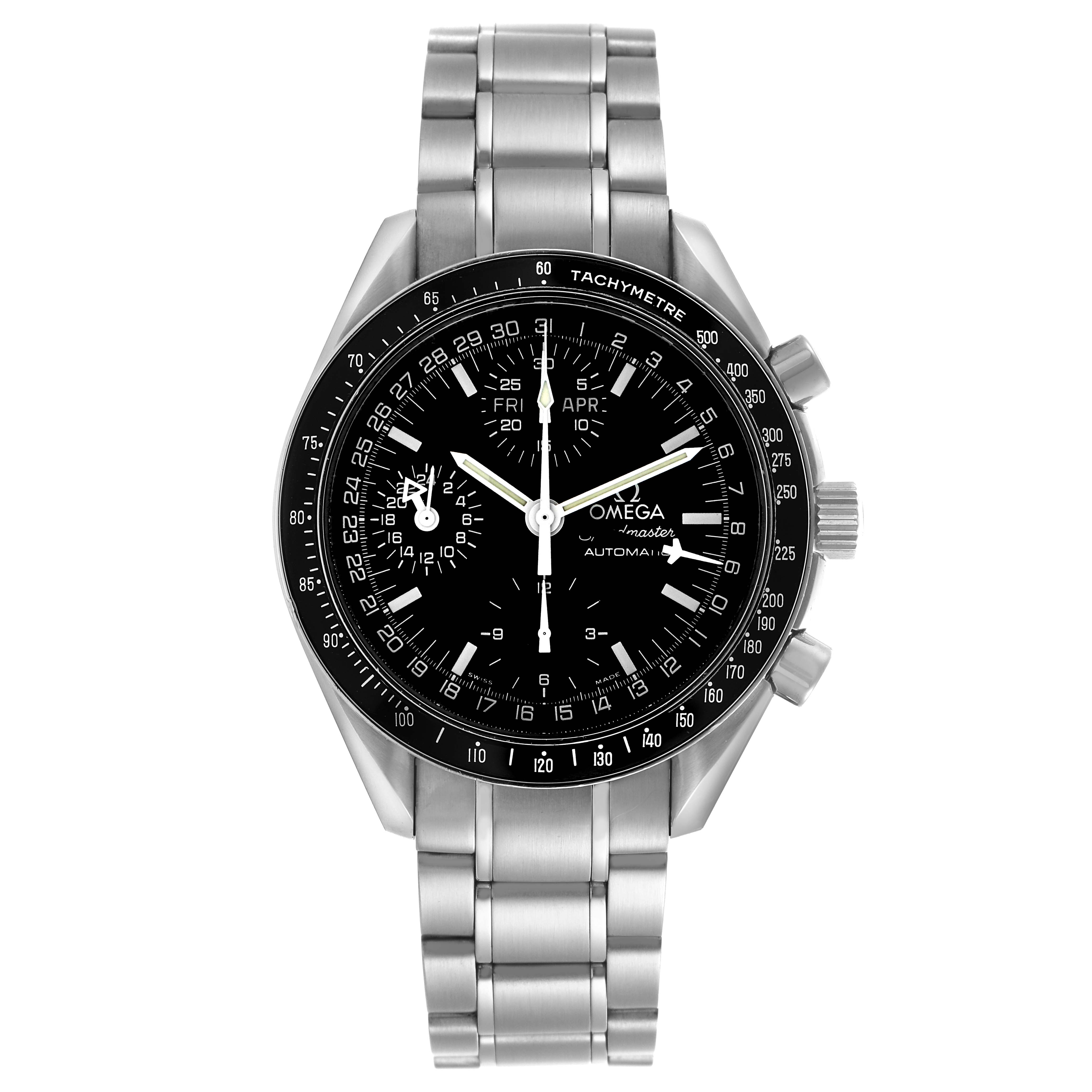 The Omega Speedmaster 3520.50.00 Men's Stainless Steel Black Dial 3520.50.00 Men's Stainless Steel Black Dial watch is shown from the front, highlighting the dial, bezel, pushers, crown, and metal bracelet.