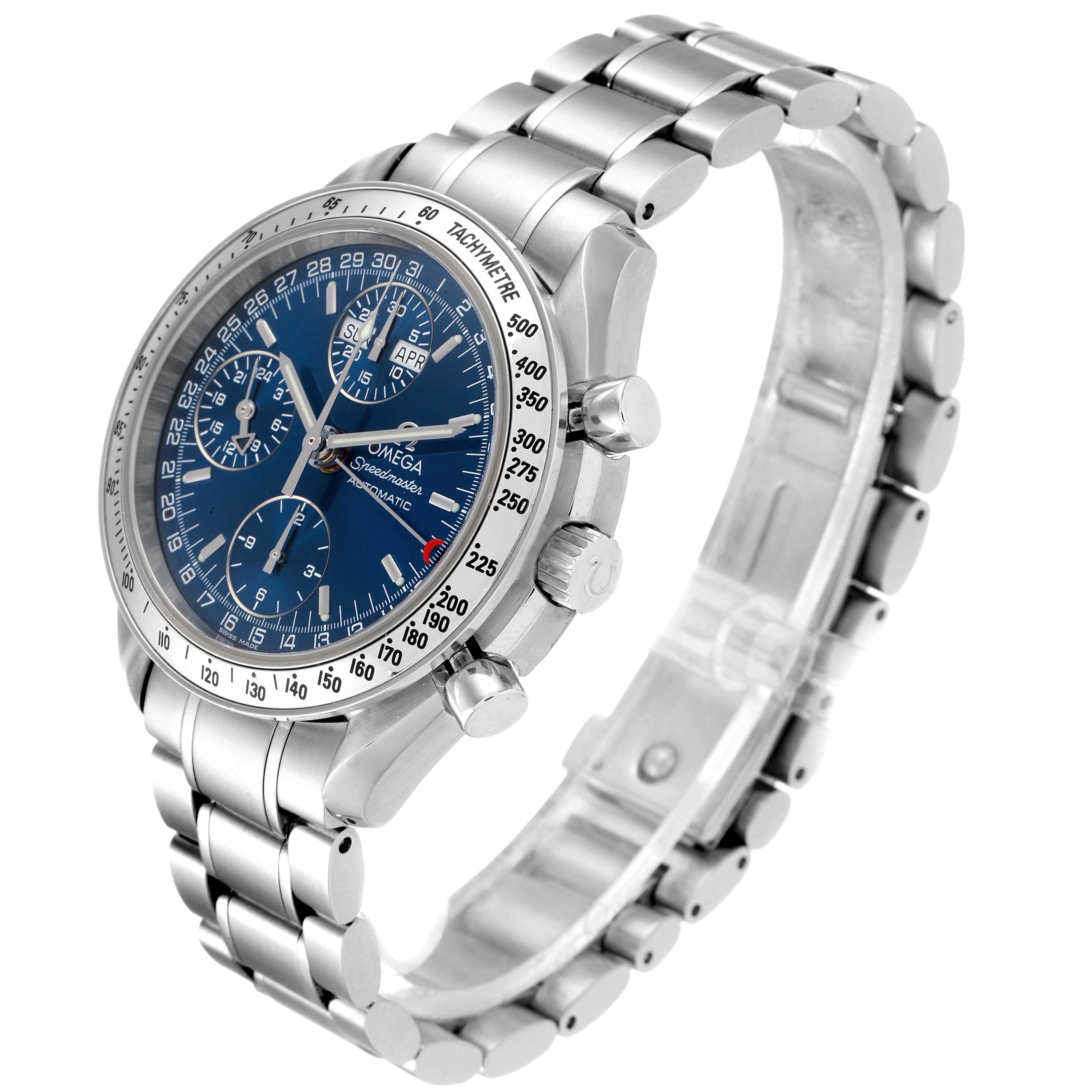 The image shows an angled view of an Omega Speedmaster 3523.80.00 Men
s Stainless Steel Blue Dial 3523.80.00 Men
s Stainless Steel Blue Dial watch, highlighting its dial, bezel, subdials, and metal bracelet.