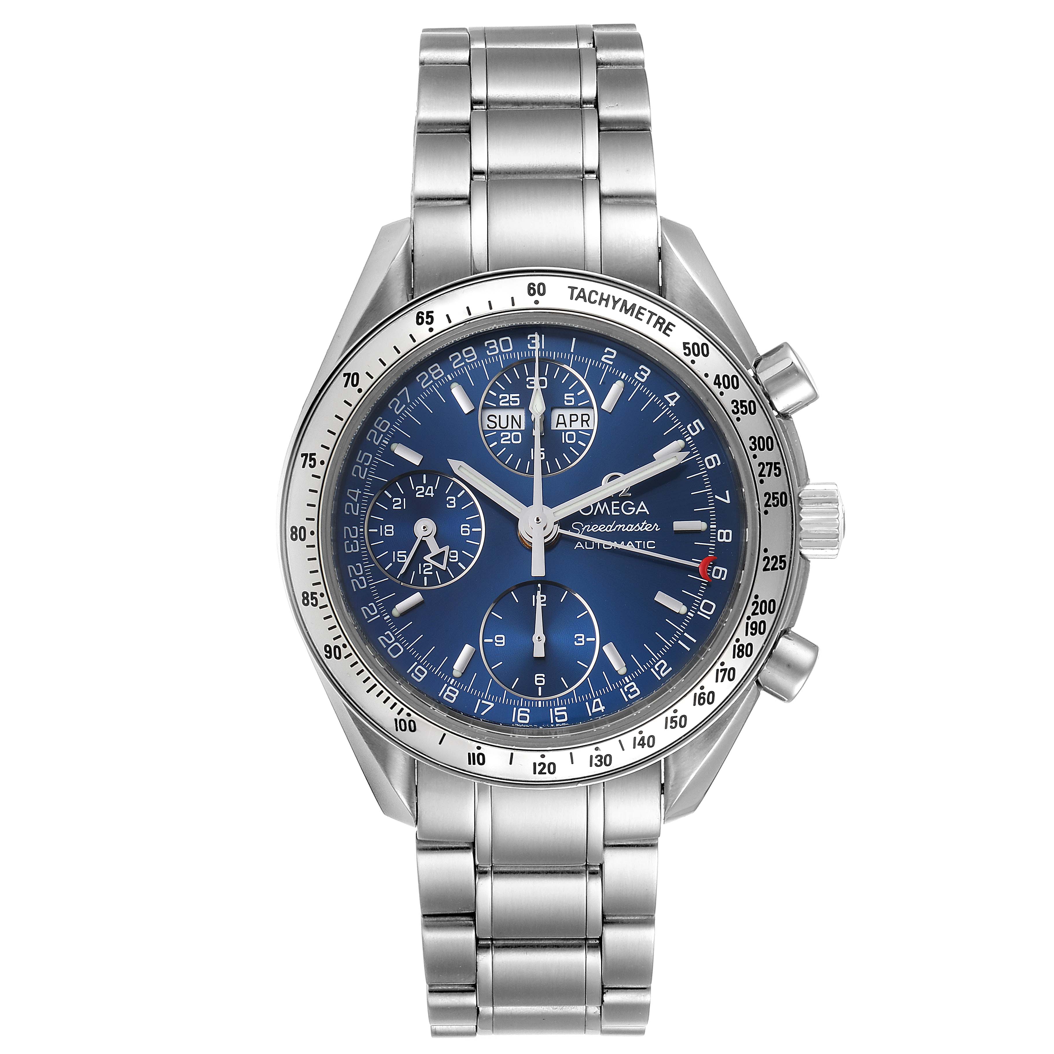 The image shows an Omega Speedmaster 3523.80.00 Men
s Stainless Steel Blue Dial 3523.80.00 Men
s Stainless Steel Blue Dial watch in a front-facing view, displaying its blue dial, chronograph sub-dials, and metal bracelet.