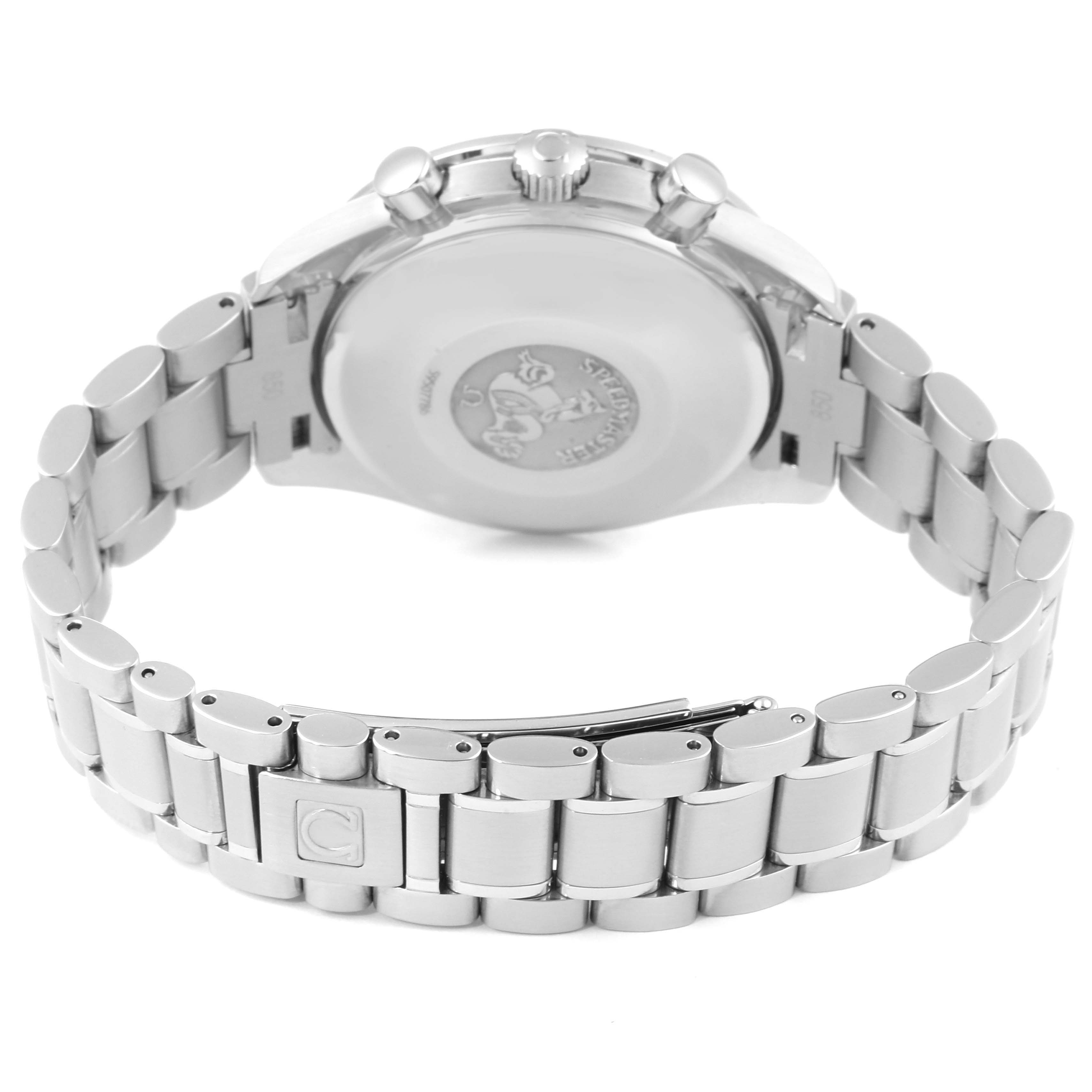 The image shows the back and bracelet of the Omega Speedmaster 3523.80.00 Men
s Stainless Steel Blue Dial 3523.80.00 Men
s Stainless Steel Blue Dial watch, highlighting the case back and metal link bracelet with a clasp.