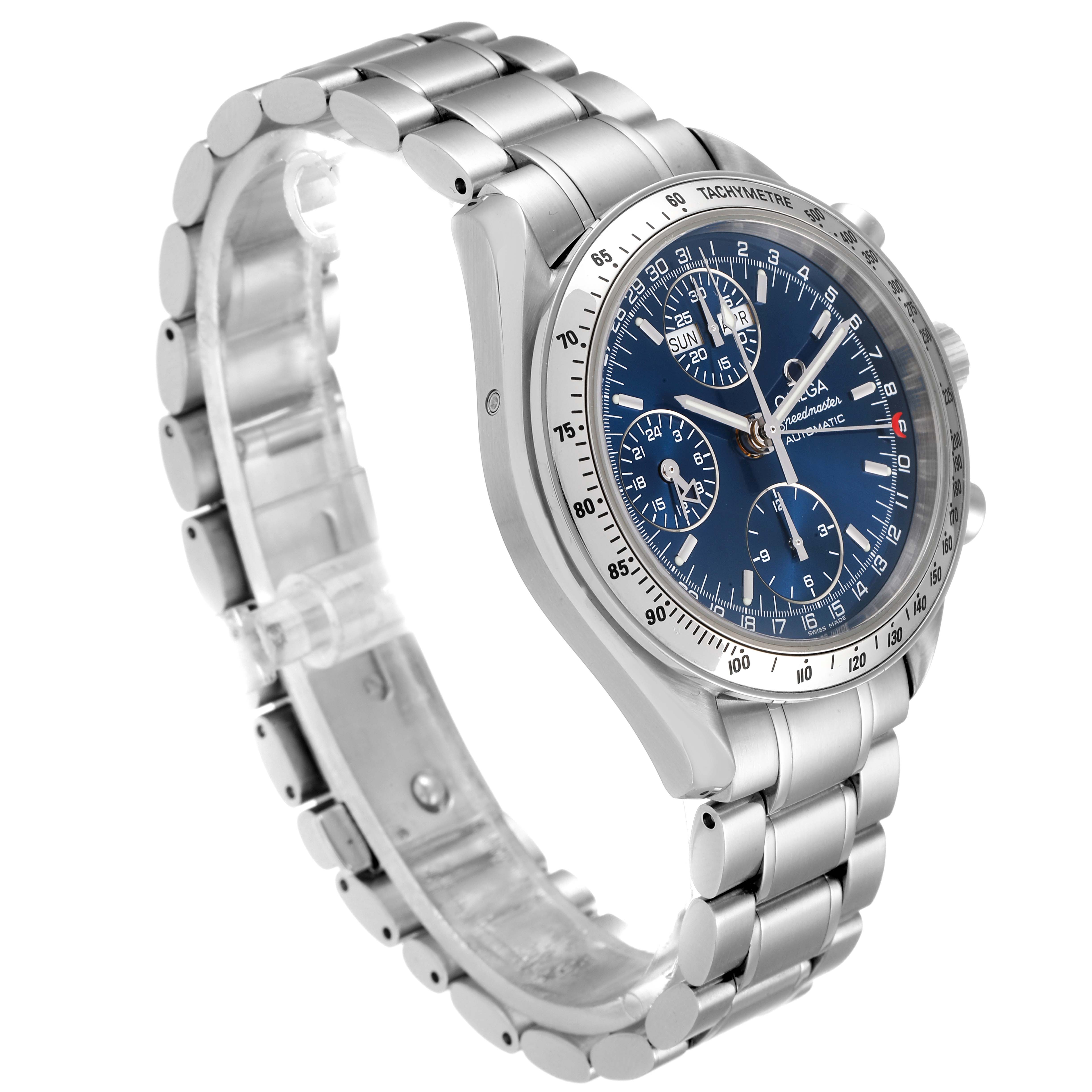 The image shows an angled view of an Omega Speedmaster 3523.80.00 Men
s Stainless Steel Blue Dial 3523.80.00 Men
s Stainless Steel Blue Dial watch focusing on its face, bezel, and metal bracelet.