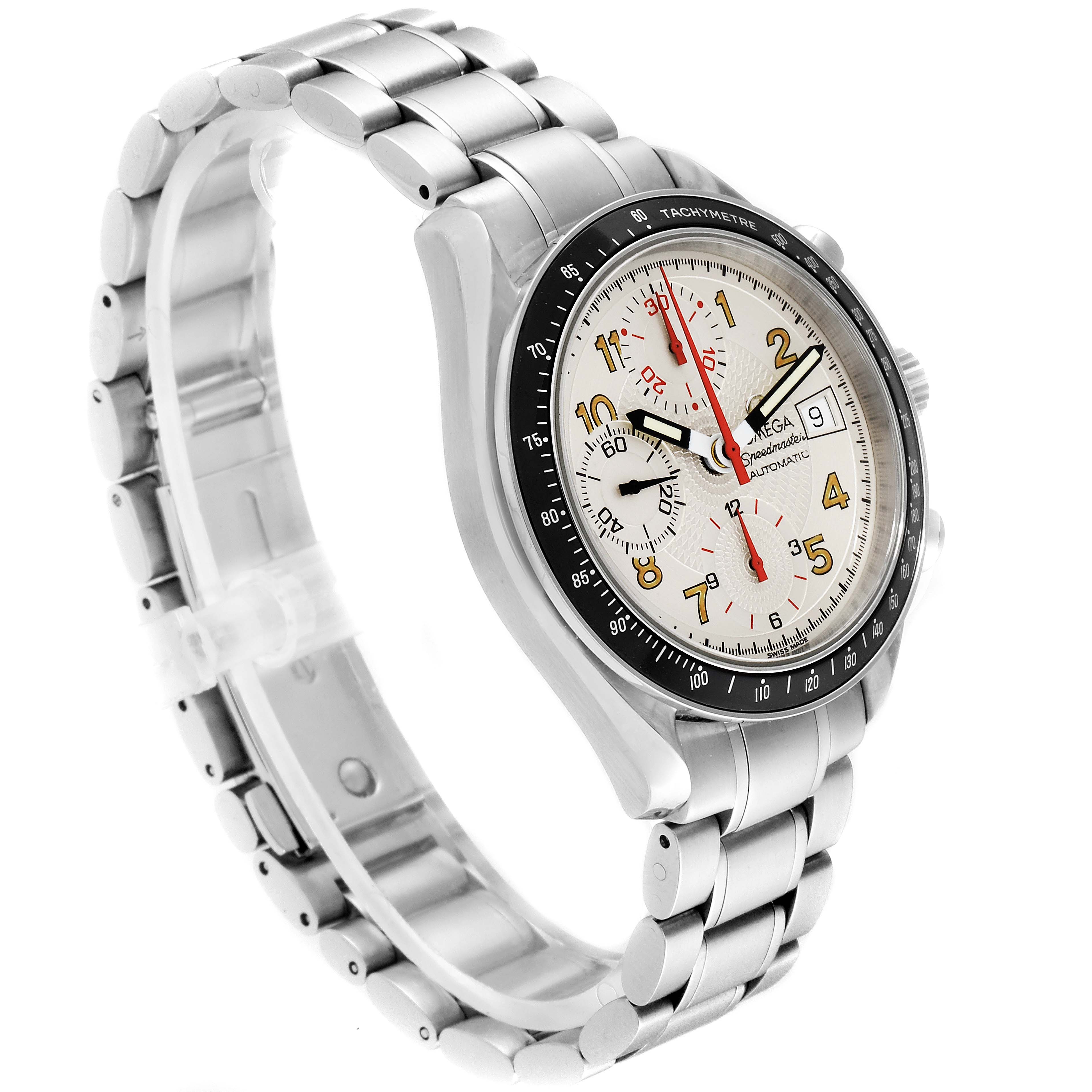 The Omega Speedmaster 3513.33.00 Men's Stainless Steel White Dial 3513.33.00 Men's Stainless Steel White Dial watch is shown at a three-quarter angle, highlighting the face, bracelet, and tachymeter bezel.