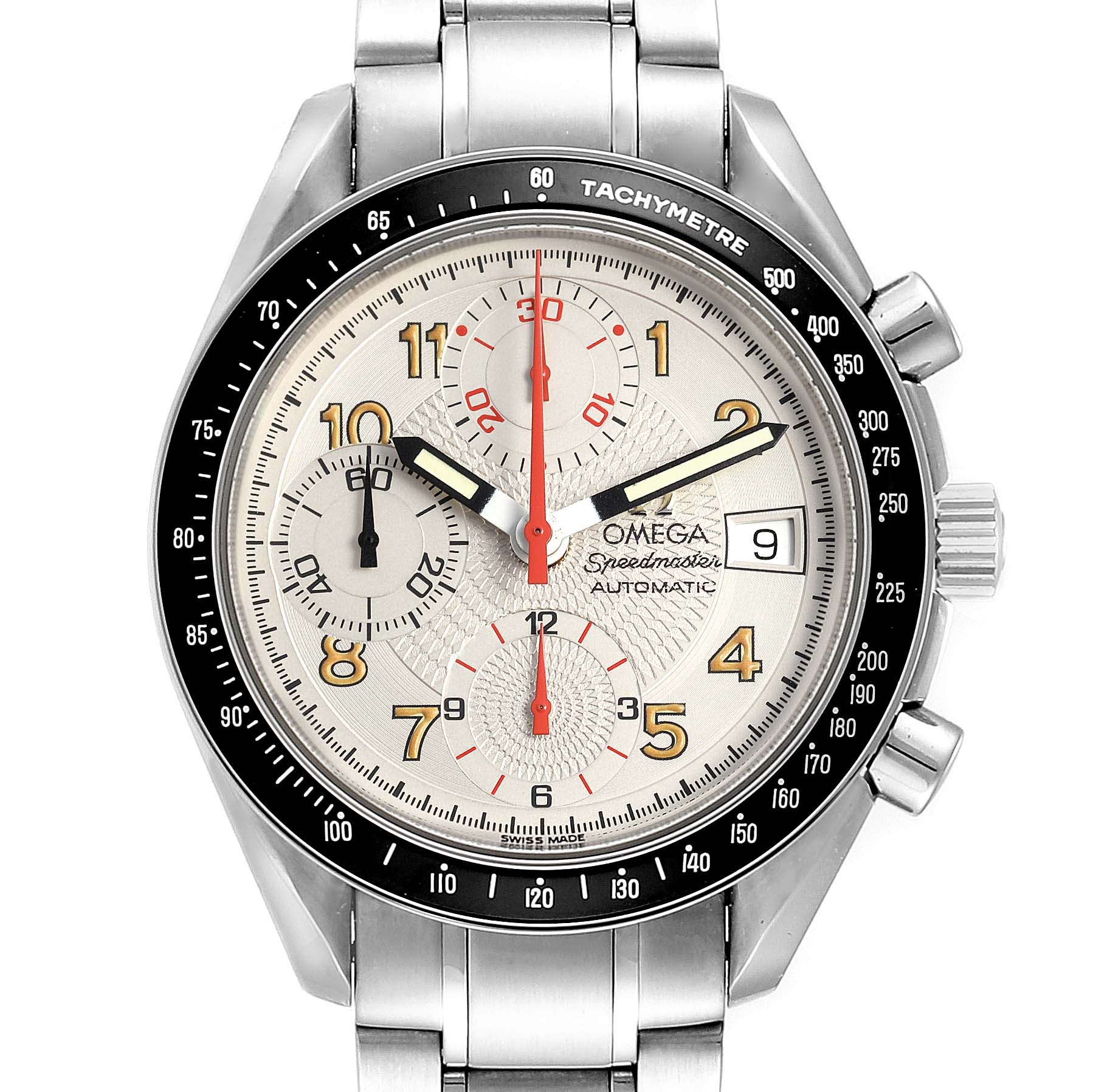 The Omega Speedmaster 3513.33.00 Men's Stainless Steel White Dial 3513.33.00 Men's Stainless Steel White Dial watch is shown from a front angle, displaying its dial, bezel, crown, and stainless steel bracelet.