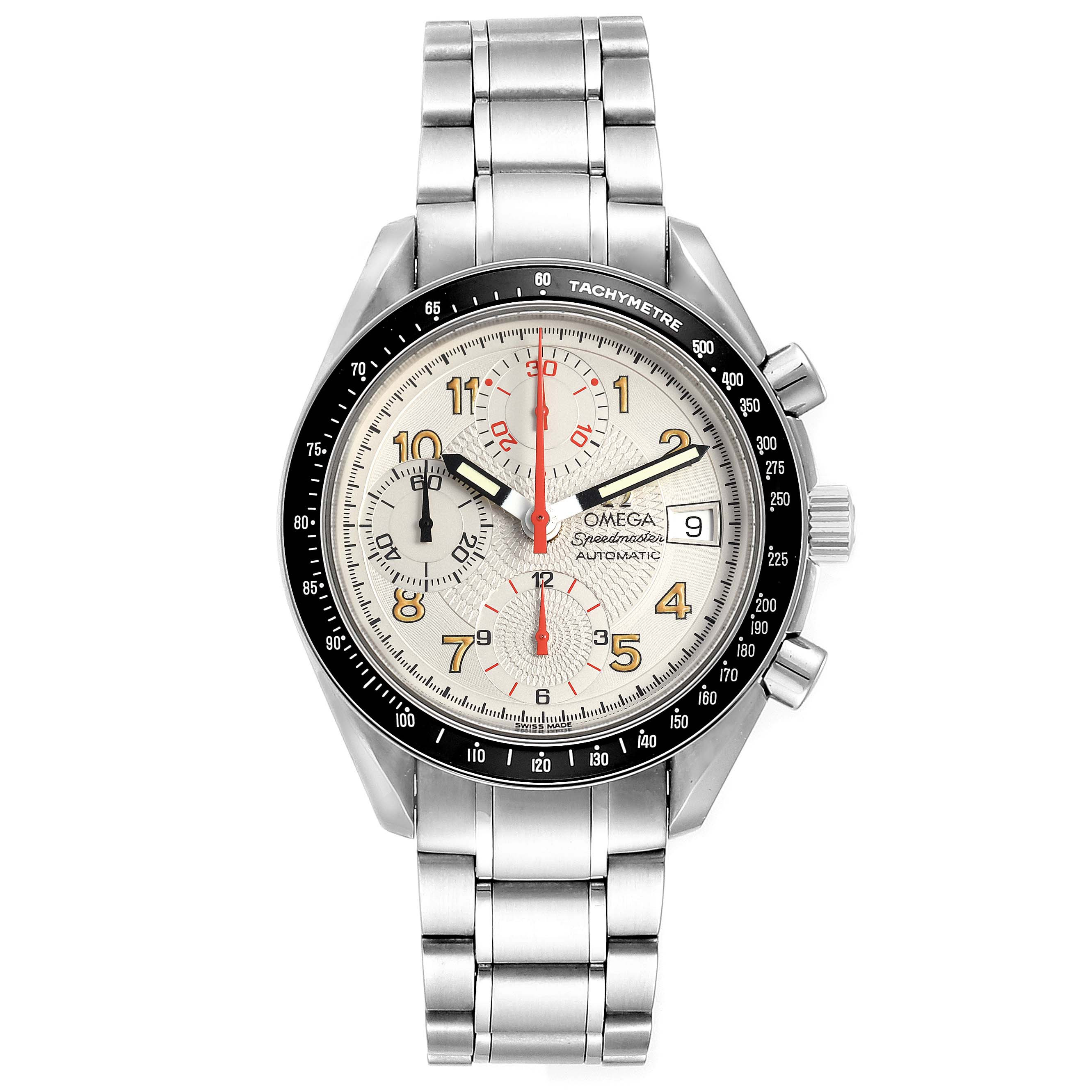 The image shows a front view of the Omega Speedmaster 3513.33.00 Men's Stainless Steel White Dial 3513.33.00 Men's Stainless Steel White Dial watch with a stainless steel bracelet and visible date, chronograph dials, and tachymeter bezel.