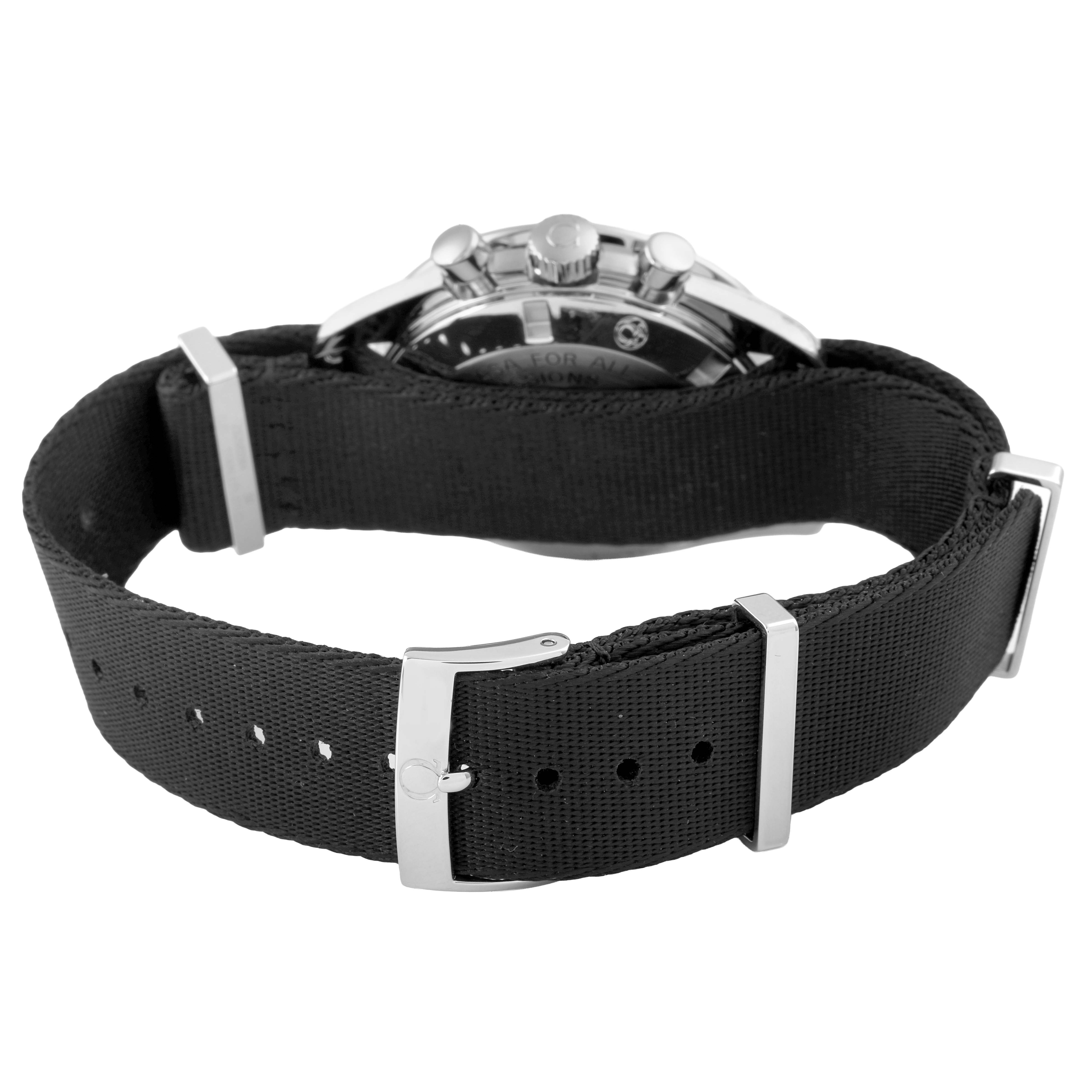 The Omega Speedmaster 311.33.42.30.01.001 Men's Stainless Steel Black Dial watch is shown from the back, highlighting the case back, pushers, and black fabric strap with metal hardware.