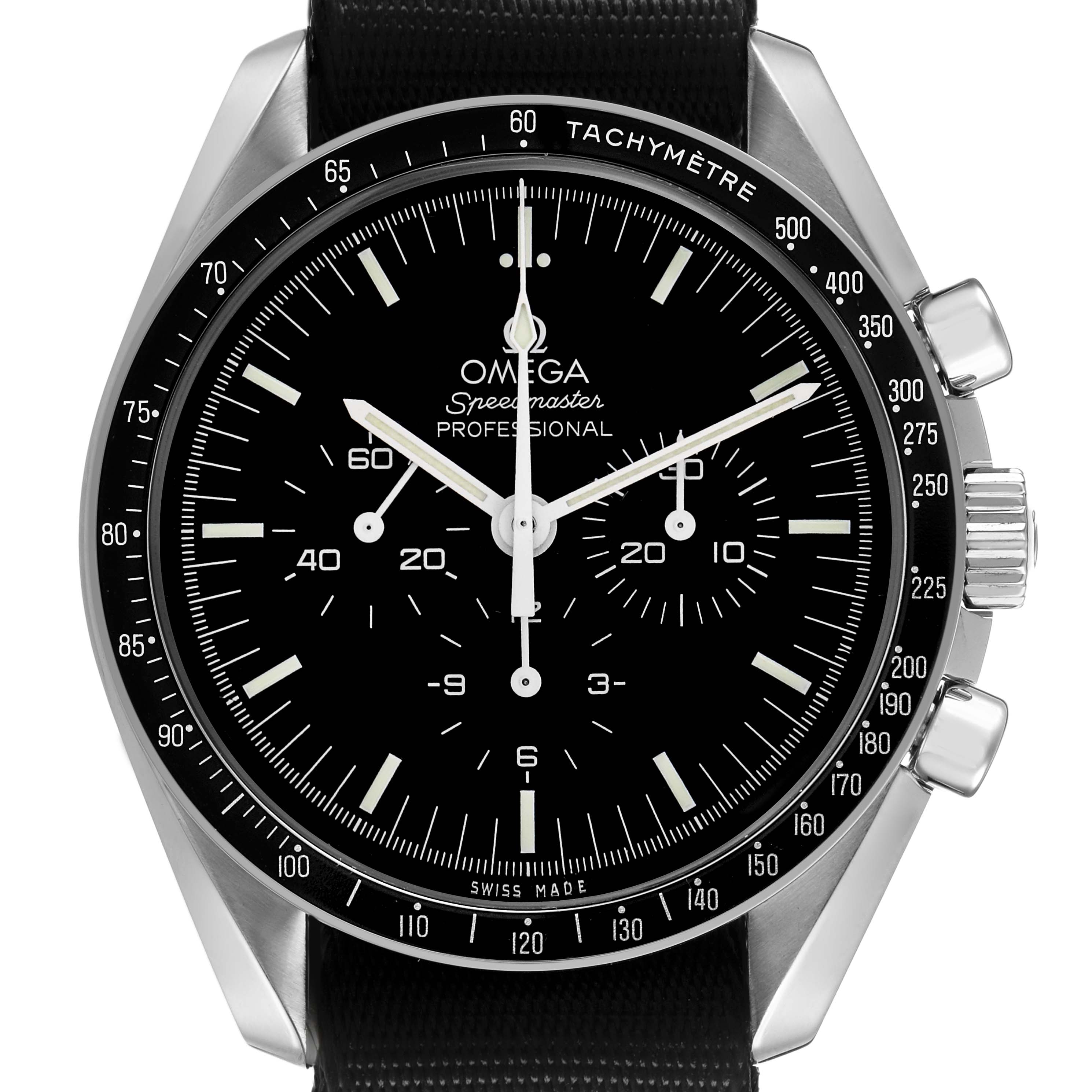 The Omega Speedmaster 311.33.42.30.01.001 Men's Stainless Steel Black Dial watch is shown from the front, highlighting the dial, bezel, and crown.