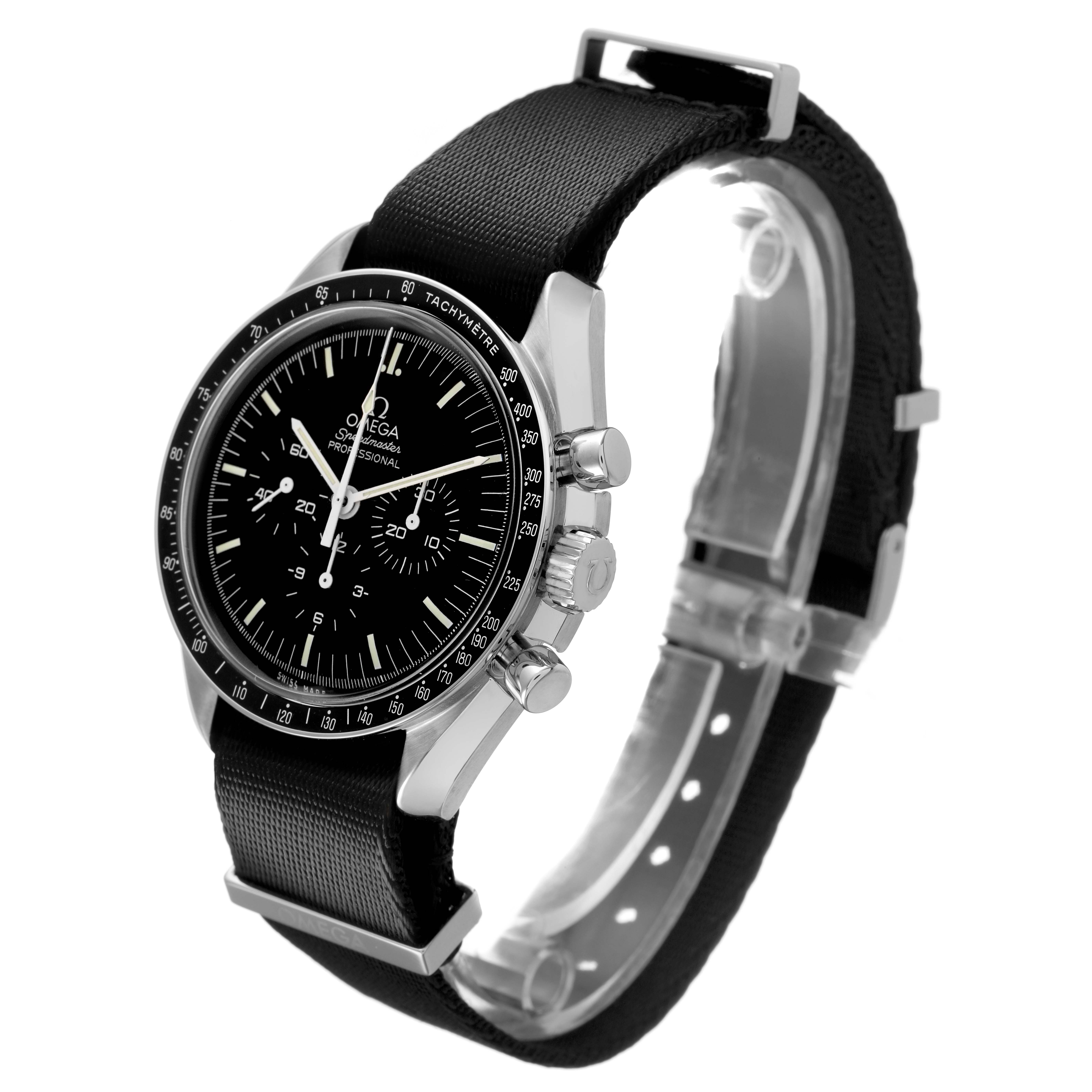 The Omega Speedmaster 311.33.42.30.01.001 Men's Stainless Steel Black Dial watch is shown at a three-quarter angle, highlighting the case, bezel, dial, pushers, and black strap.