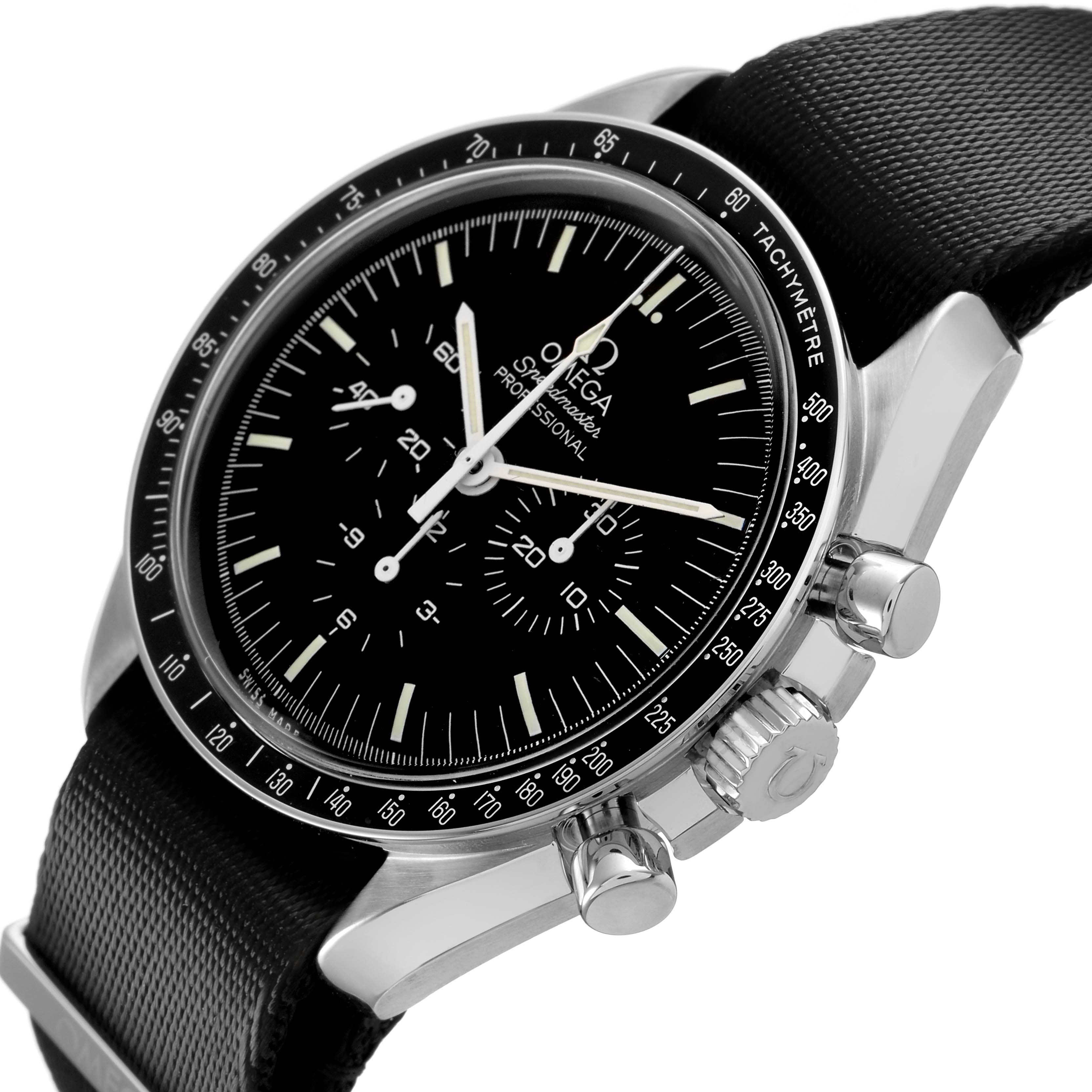 The Omega Speedmaster 311.33.42.30.01.001 Men's Stainless Steel Black Dial model is shown at a slight angle, highlighting the face, bezel, and side pushers.
