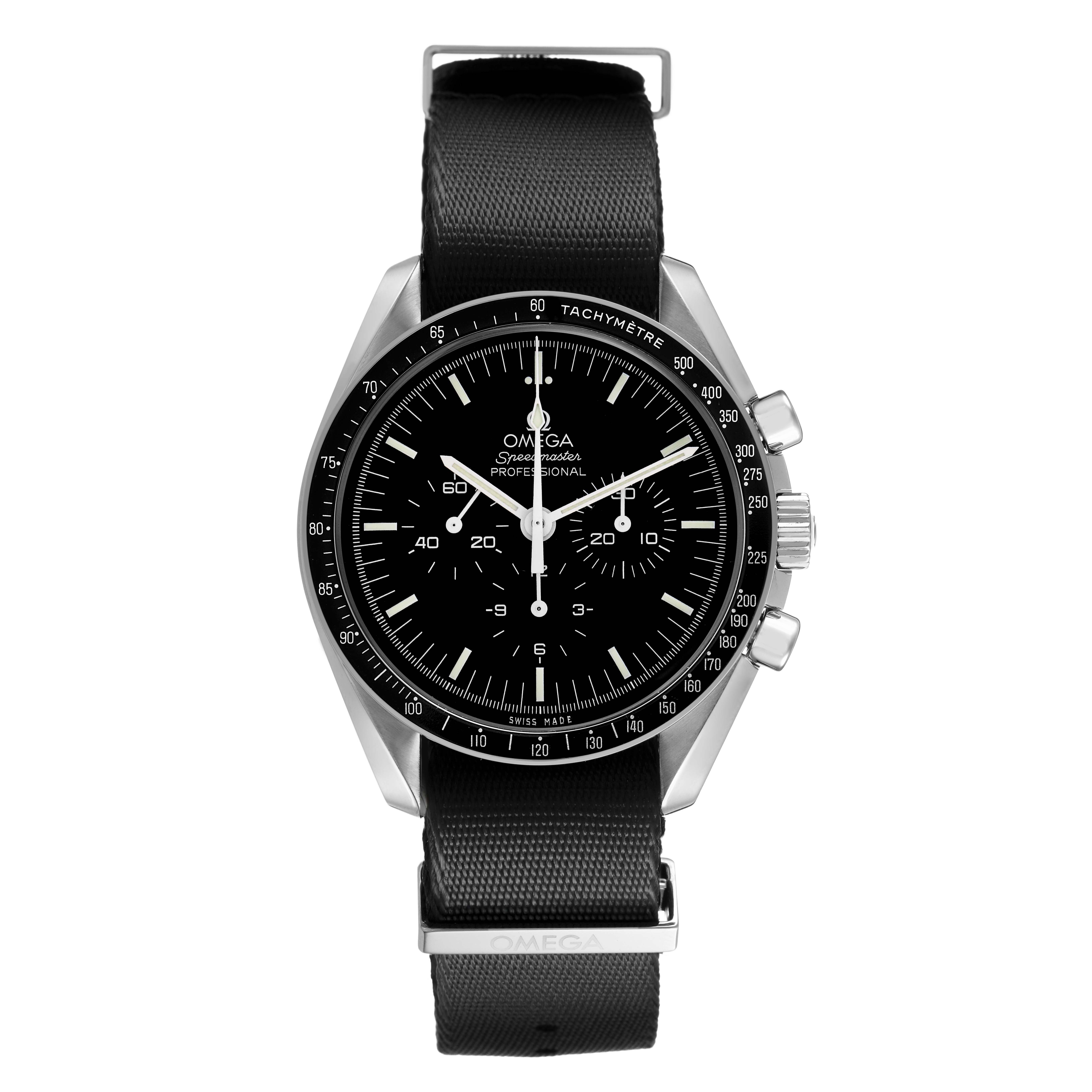The Omega Speedmaster 311.33.42.30.01.001 Men's Stainless Steel Black Dial is shown from a front angle, highlighting the dial, bezel, and strap.