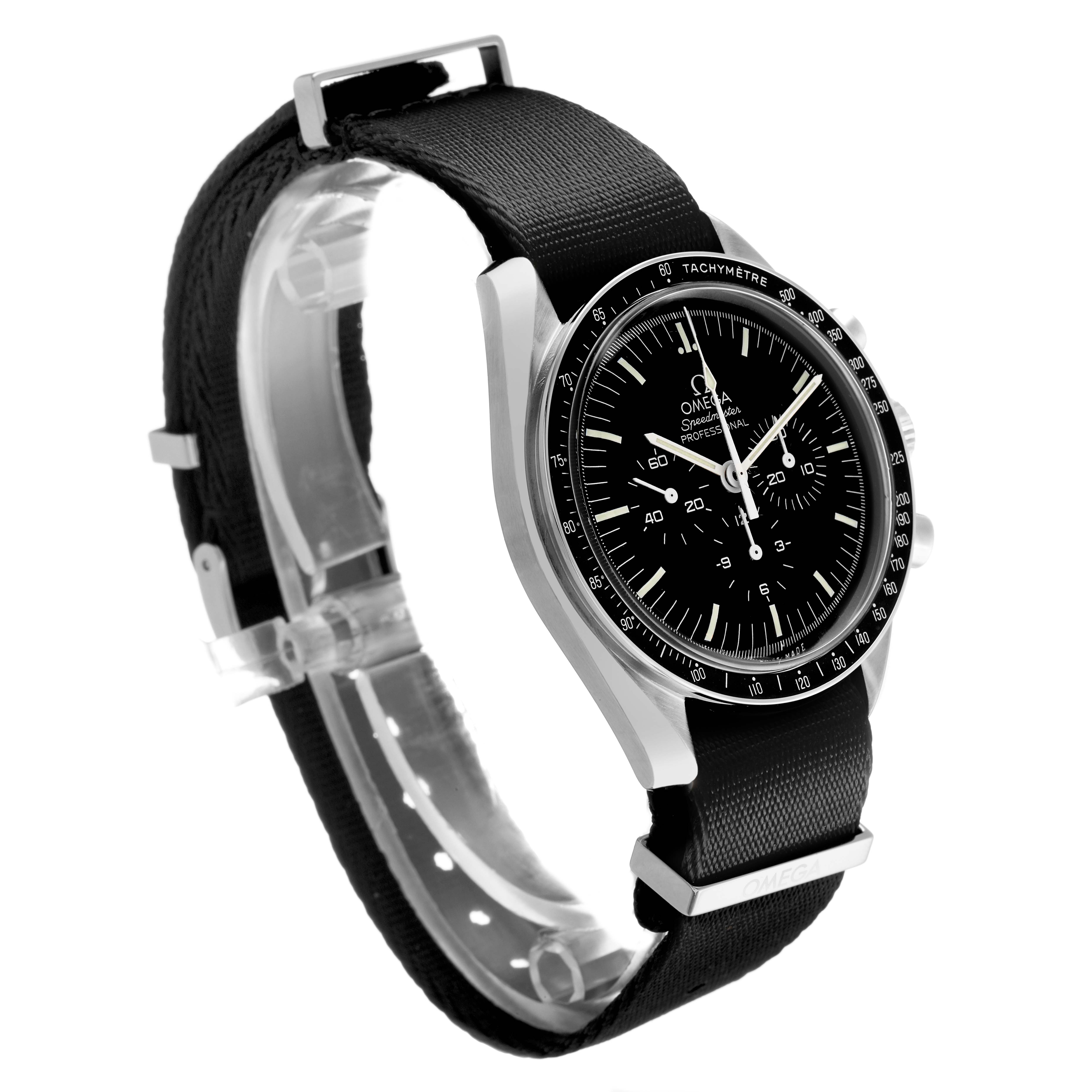 The Omega Speedmaster 311.33.42.30.01.001 Men's Stainless Steel Black Dial watch is shown at a three-quarter angle, highlighting the black dial, tachymeter bezel, and fabric strap.
