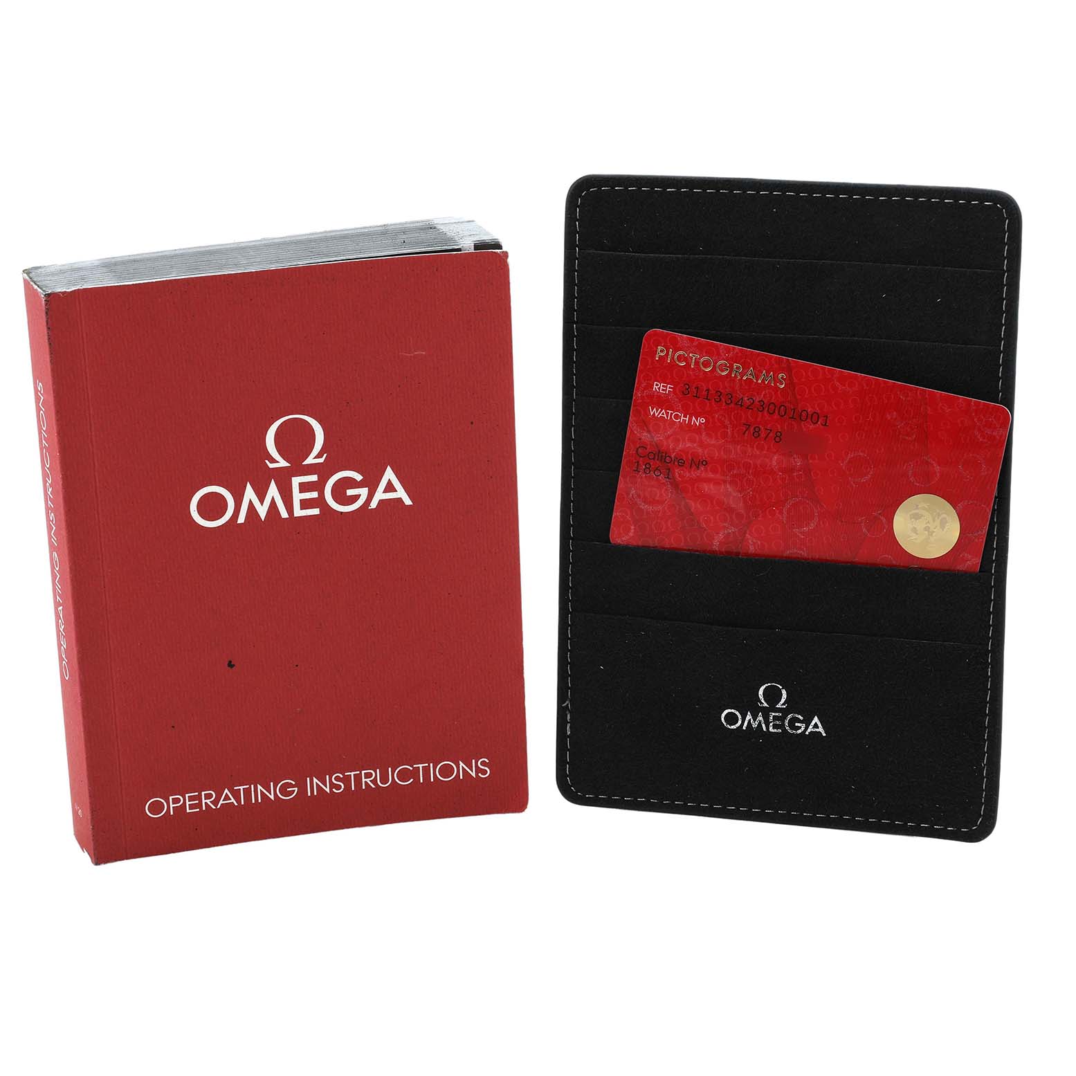 The image shows the Omega Speedmaster 311.33.42.30.01.001 Men's Stainless Steel Black Dial model's operating instructions booklet and a pictogram card in a black cardholder.