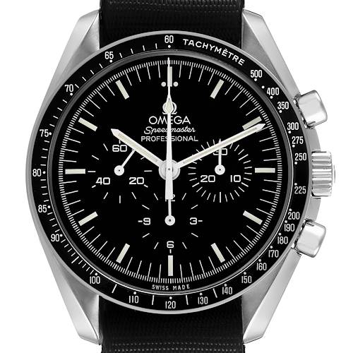 The Omega Speedmaster 311.33.42.30.01.001 Men's Stainless Steel Black Dial is shown from the front, displaying its dial, tachymeter bezel, and side pushers.