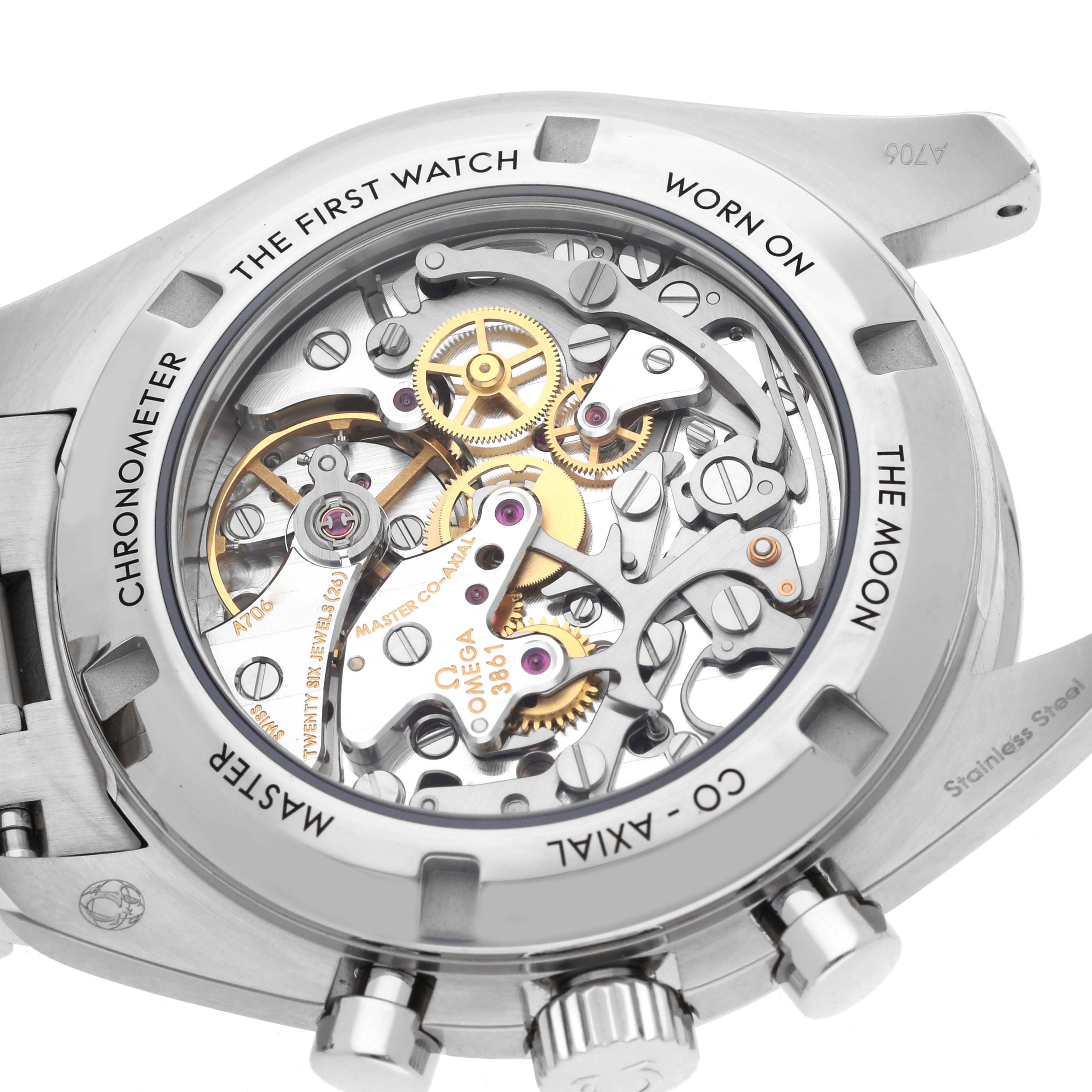 The Omega Speedmaster 310.30.42.50.04.001 Men's Stainless Steel White Dial 310.30.42.50.04.001 Men's Stainless Steel White Dial's back view reveals its intricate mechanical movement and engraving details.