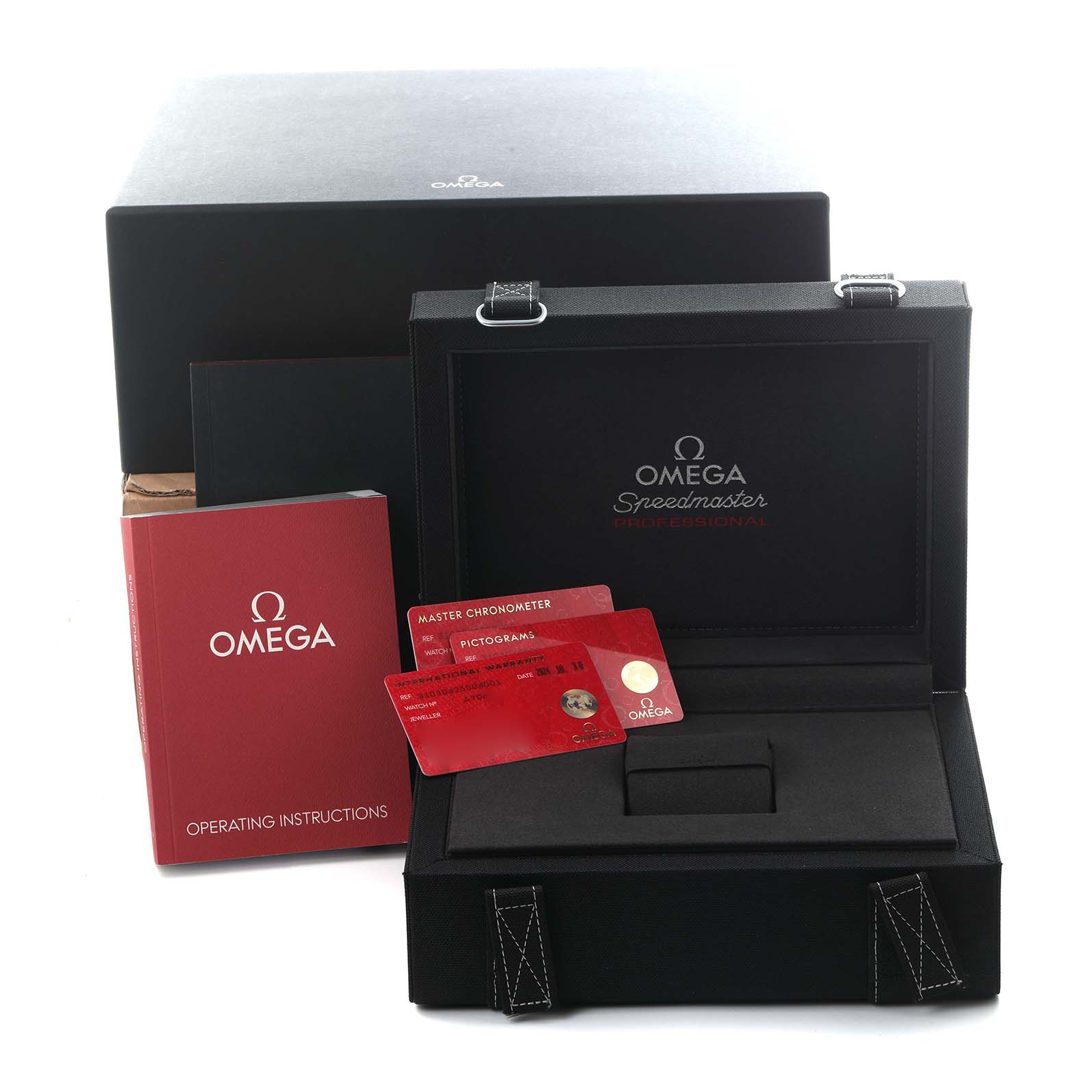 The image shows the Omega Speedmaster 310.30.42.50.04.001 Men's Stainless Steel White Dial 310.30.42.50.04.001 Men's Stainless Steel White Dial box, operating instructions, and certification cards from a front angle.