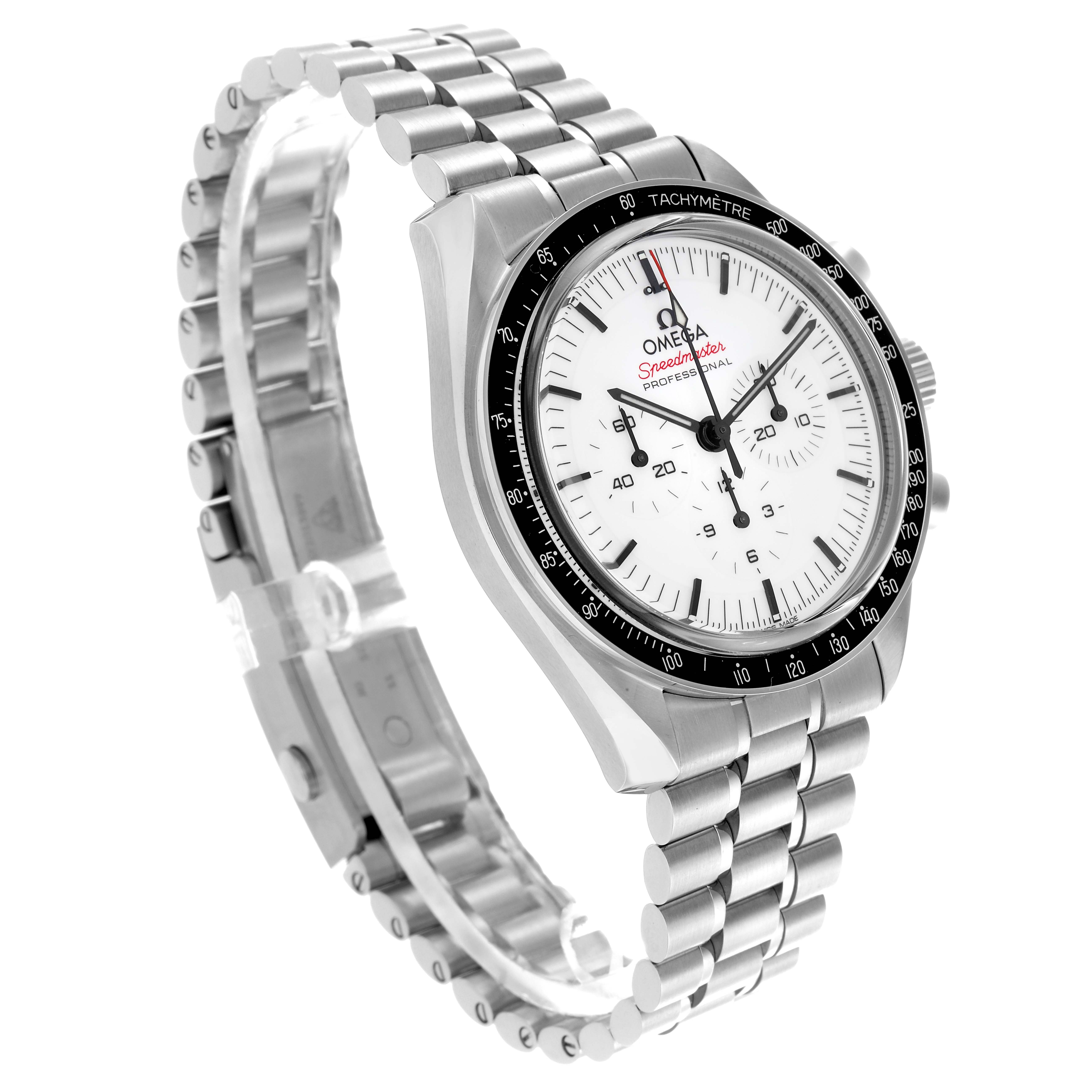 The Omega Speedmaster 310.30.42.50.04.001 Men's Stainless Steel White Dial 310.30.42.50.04.001 Men's Stainless Steel White Dial is shown in a front-left angle, highlighting the dial, bezel, and stainless steel bracelet.