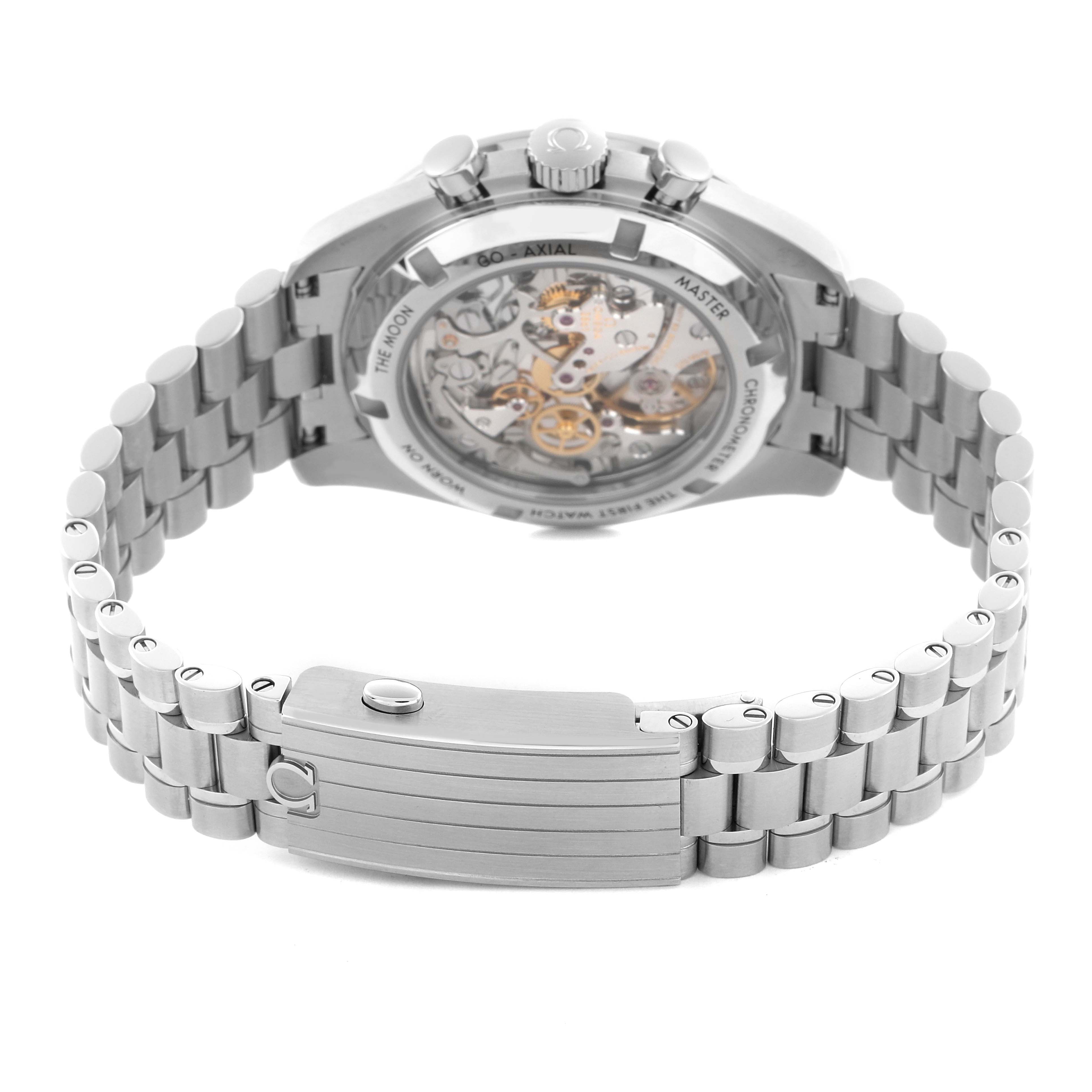 The image shows the back of the Omega Speedmaster 310.30.42.50.04.001 Men's Stainless Steel White Dial 310.30.42.50.04.001 Men's Stainless Steel White Dial watch, highlighting its transparent case back and metal bracelet.