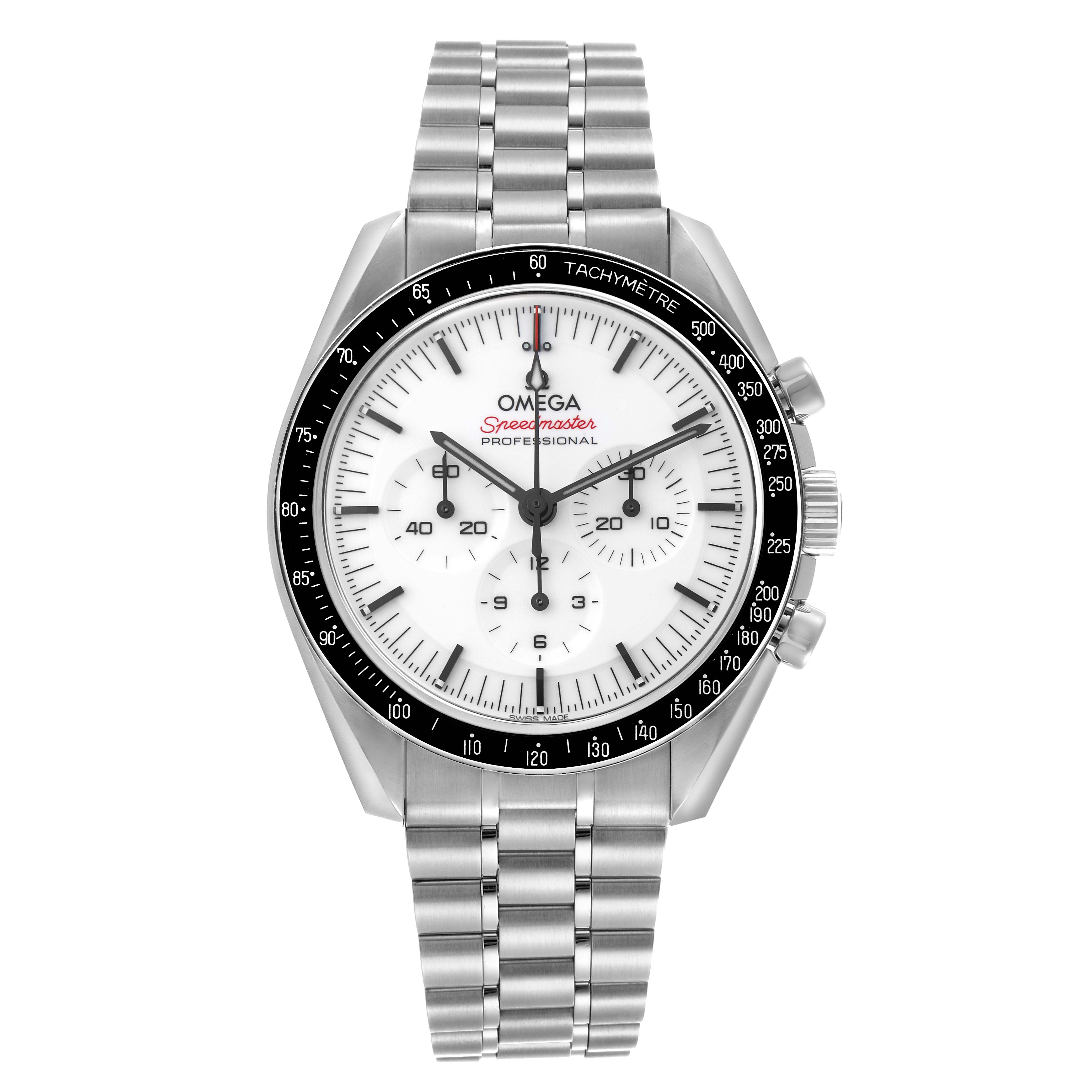 The image shows a front view of the Omega Speedmaster 310.30.42.50.04.001 Men's Stainless Steel White Dial 310.30.42.50.04.001 Men's Stainless Steel White Dial watch, highlighting its dial, tachymeter bezel, and stainless steel bracelet.