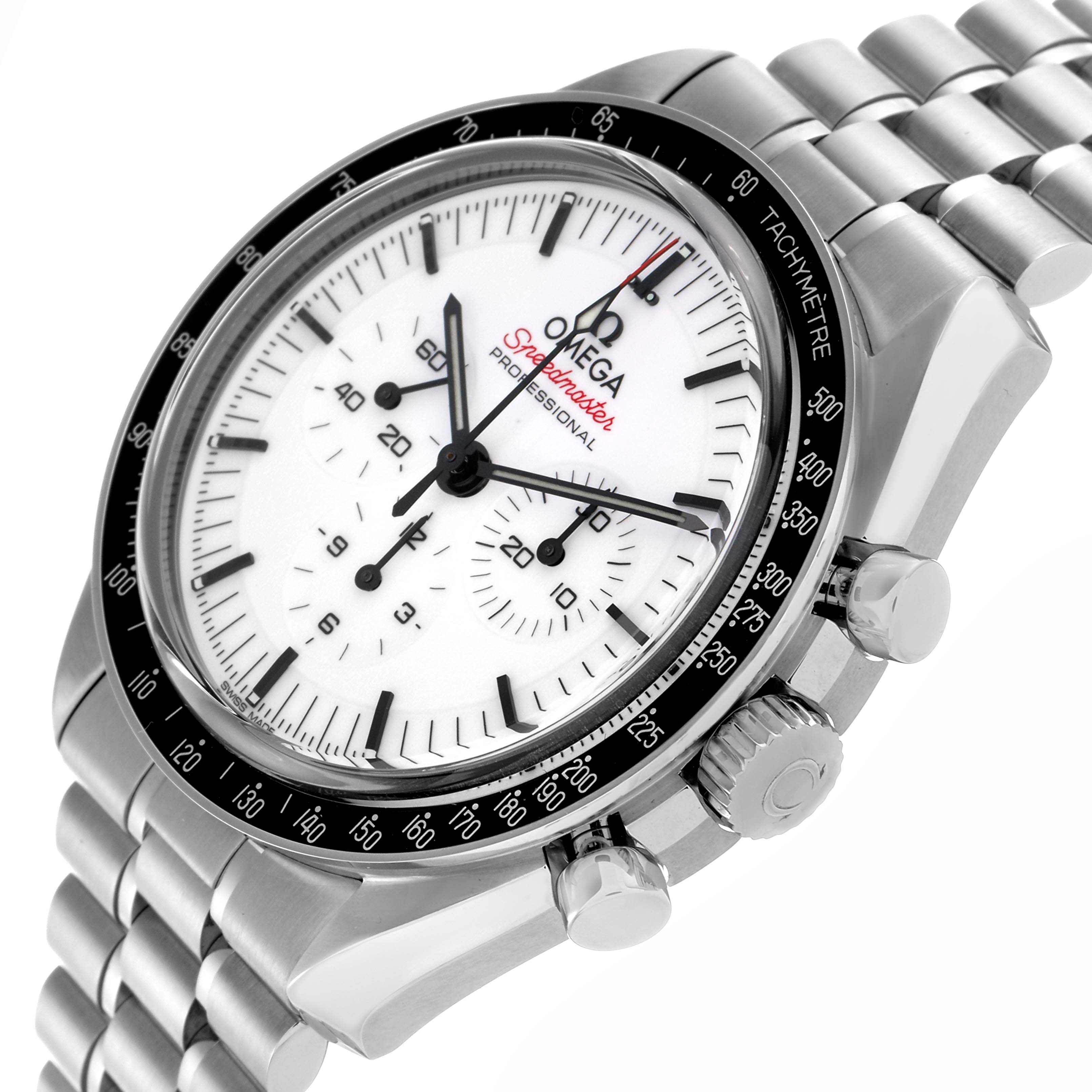 The Omega Speedmaster 310.30.42.50.04.001 Men's Stainless Steel White Dial 310.30.42.50.04.001 Men's Stainless Steel White Dial watch is shown at an oblique angle, highlighting the face, bezel, crown, and part of the bracelet.