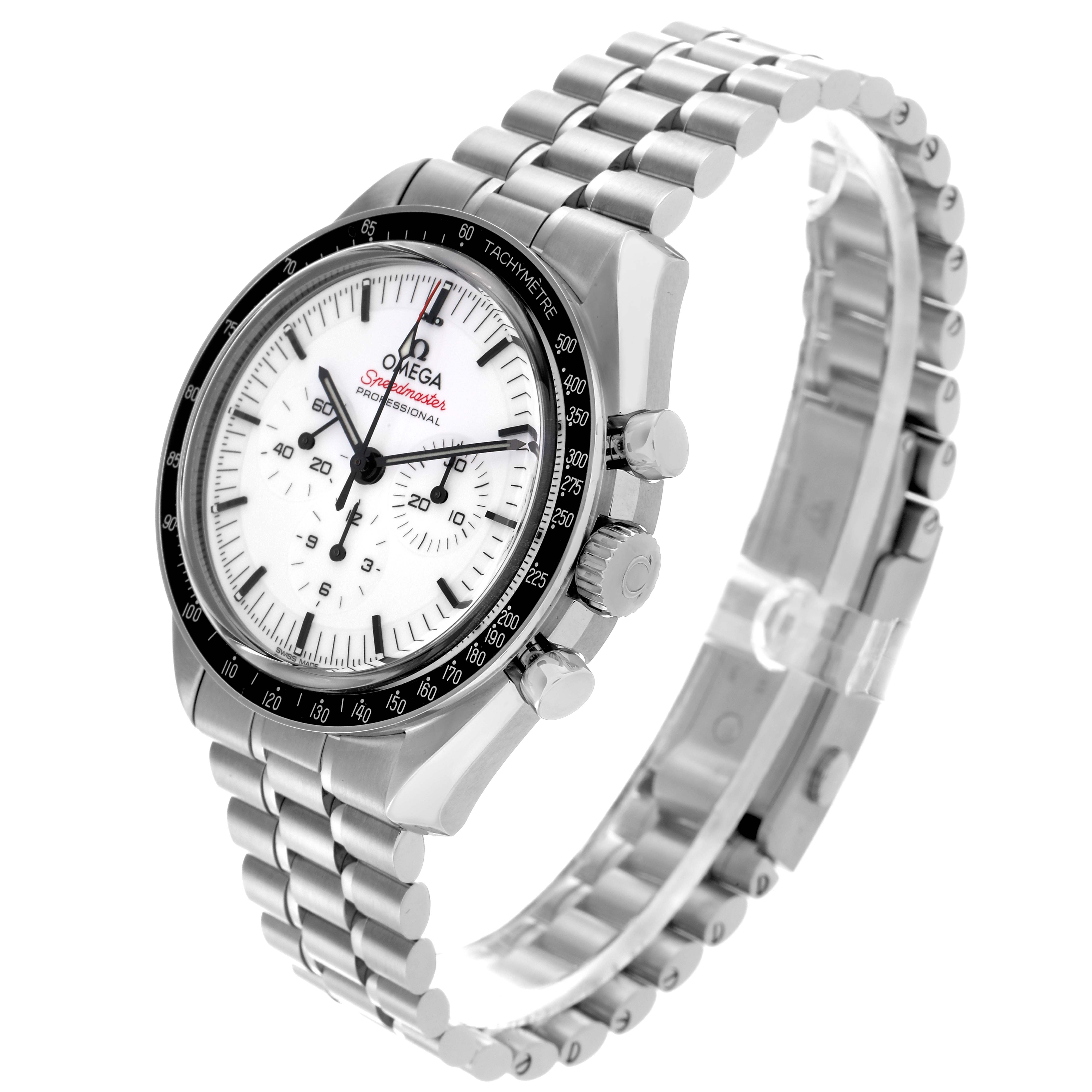 The Omega Speedmaster 310.30.42.50.04.001 Men's Stainless Steel White Dial 310.30.42.50.04.001 Men's Stainless Steel White Dial watch is shown at a three-quarter angle, highlighting the face, bezel, side buttons, and bracelet.