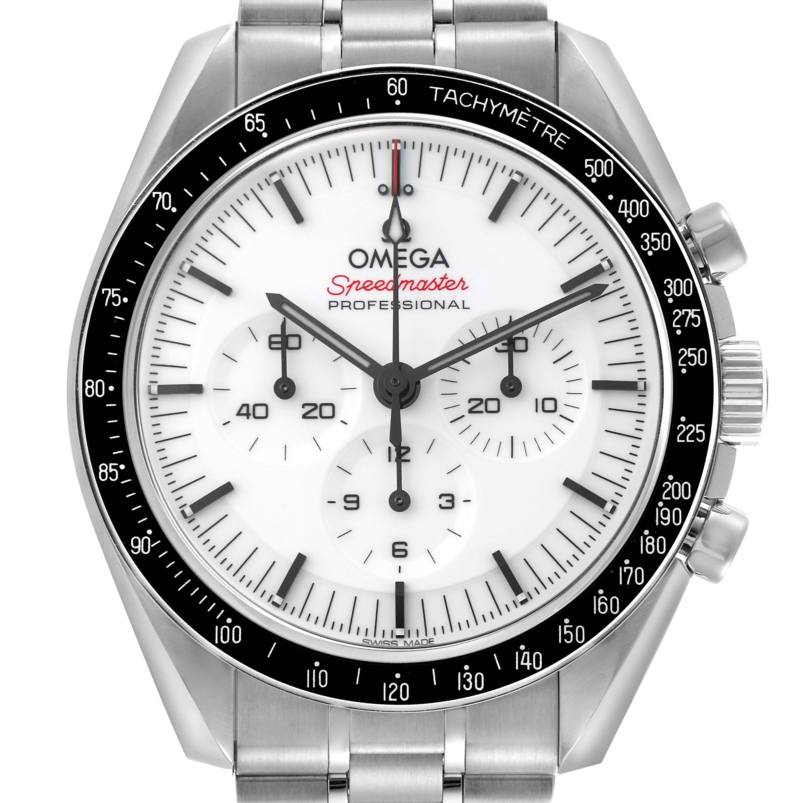 The Omega Speedmaster 310.30.42.50.04.001 Men's Stainless Steel White Dial 310.30.42.50.04.001 Men's Stainless Steel White Dial watch is shown from a front angle, highlighting the dial, chronograph subdials, and tachymeter bezel.
