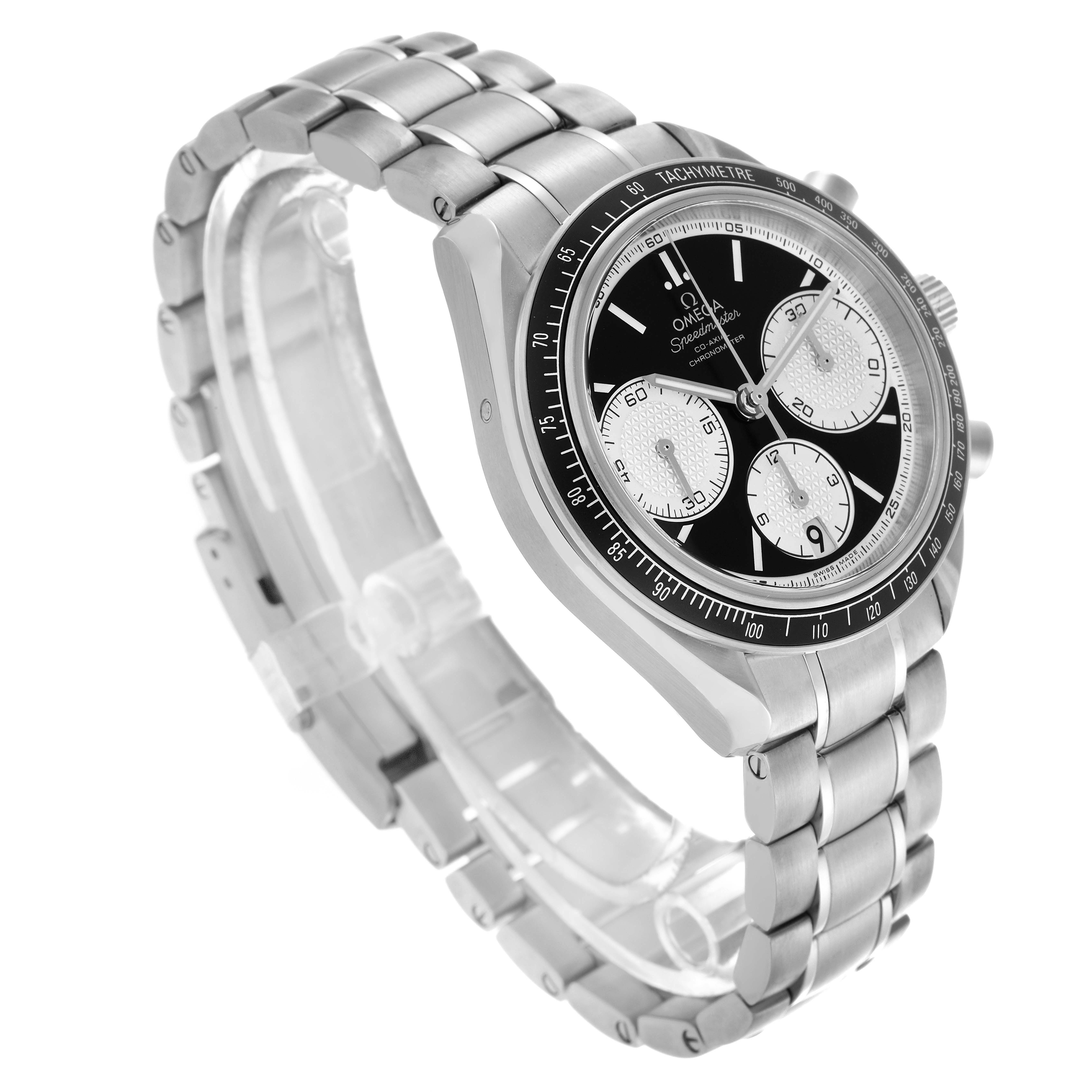 The Omega Speedmaster 326.30.40.50.01.002 Men's Stainless Steel Black Dial 326.30.40.50.01.002 Men's Stainless Steel Black Dial watch is shown at a side angle, highlighting the face, tachymeter bezel, and metal bracelet.