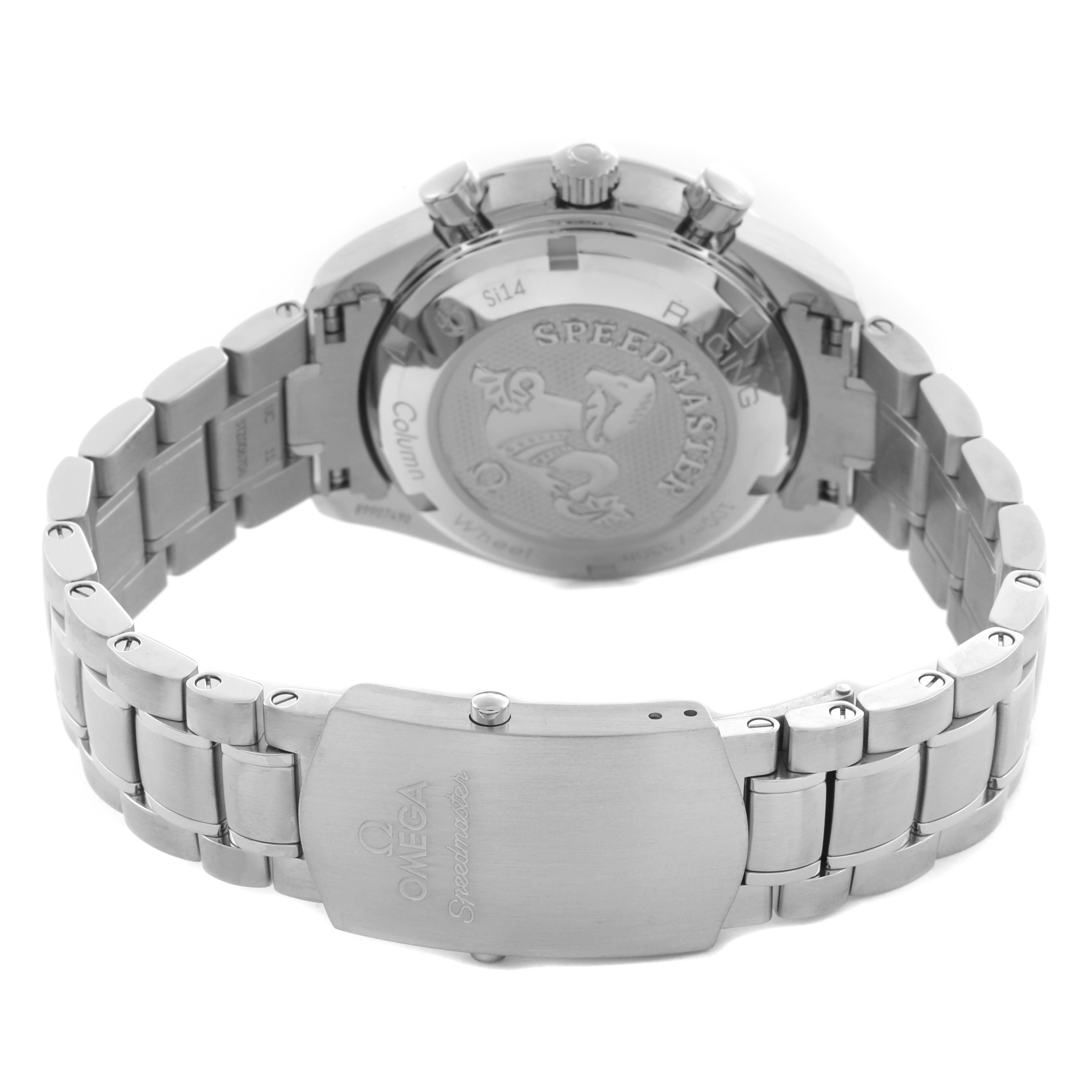 The image shows the back and clasp of an Omega Speedmaster 326.30.40.50.01.002 Men's Stainless Steel Black Dial 326.30.40.50.01.002 Men's Stainless Steel Black Dial, highlighting the case back engraving and bracelet.